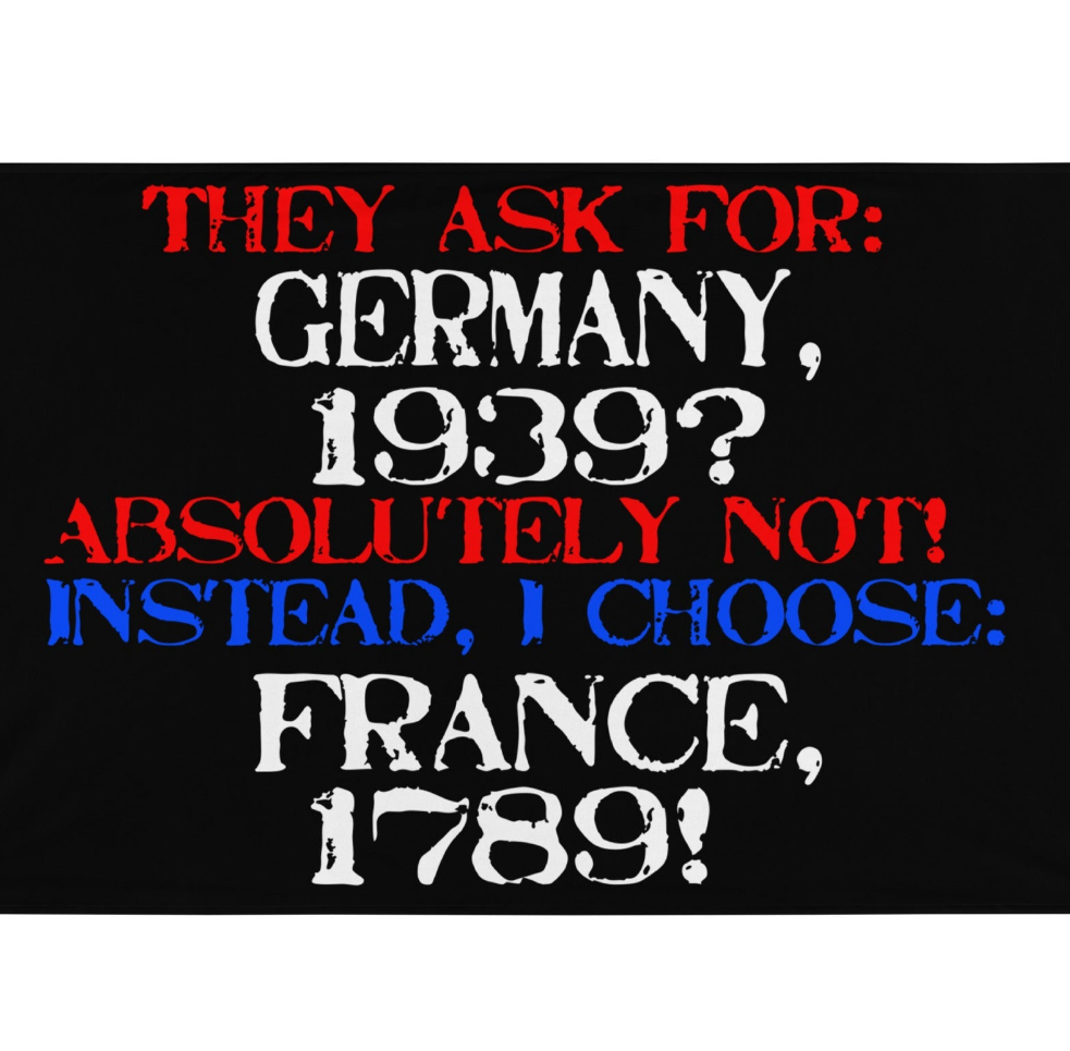 Germany or France flag with bold text contrasting Germany 1939 and France 1789 in red, white, and blue colors.