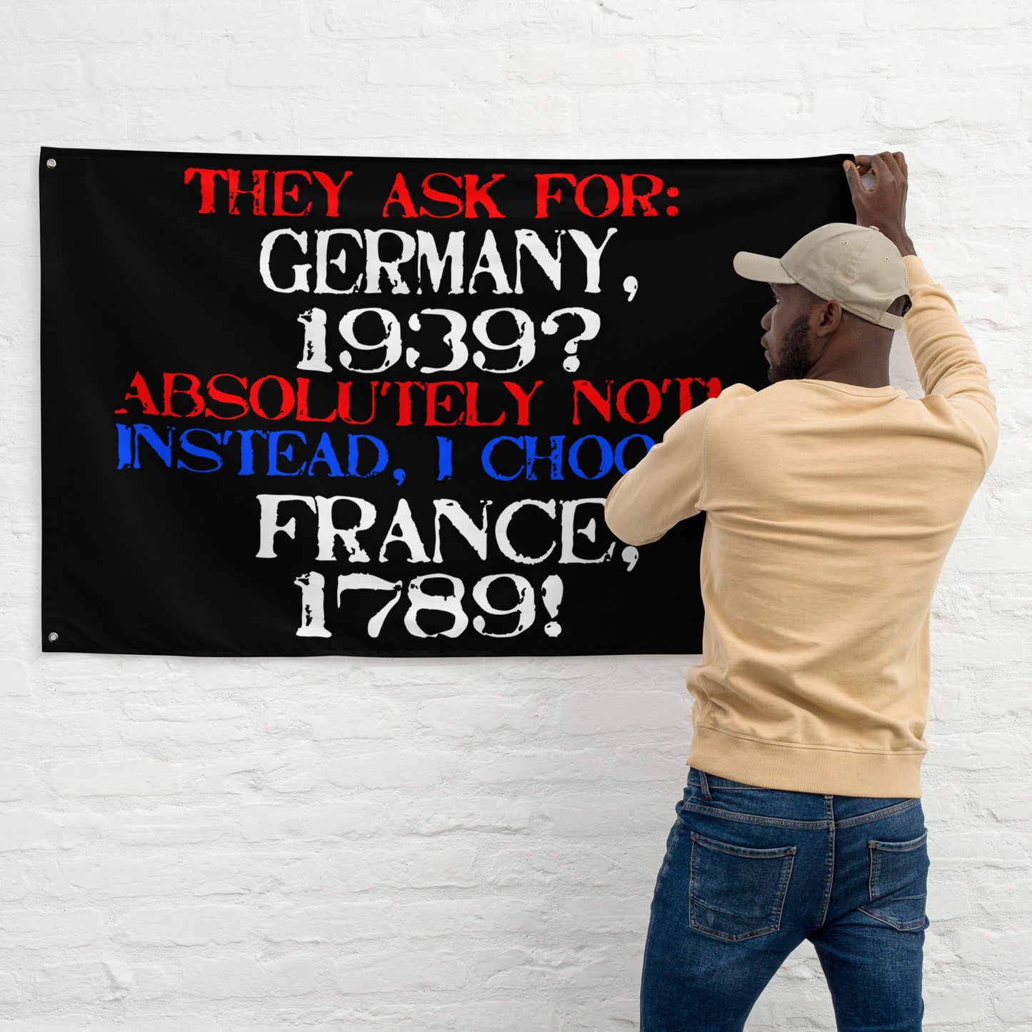 Decorative Germany or France revolution-themed flag with bold text in red, white, and blue, made from durable polyester.
