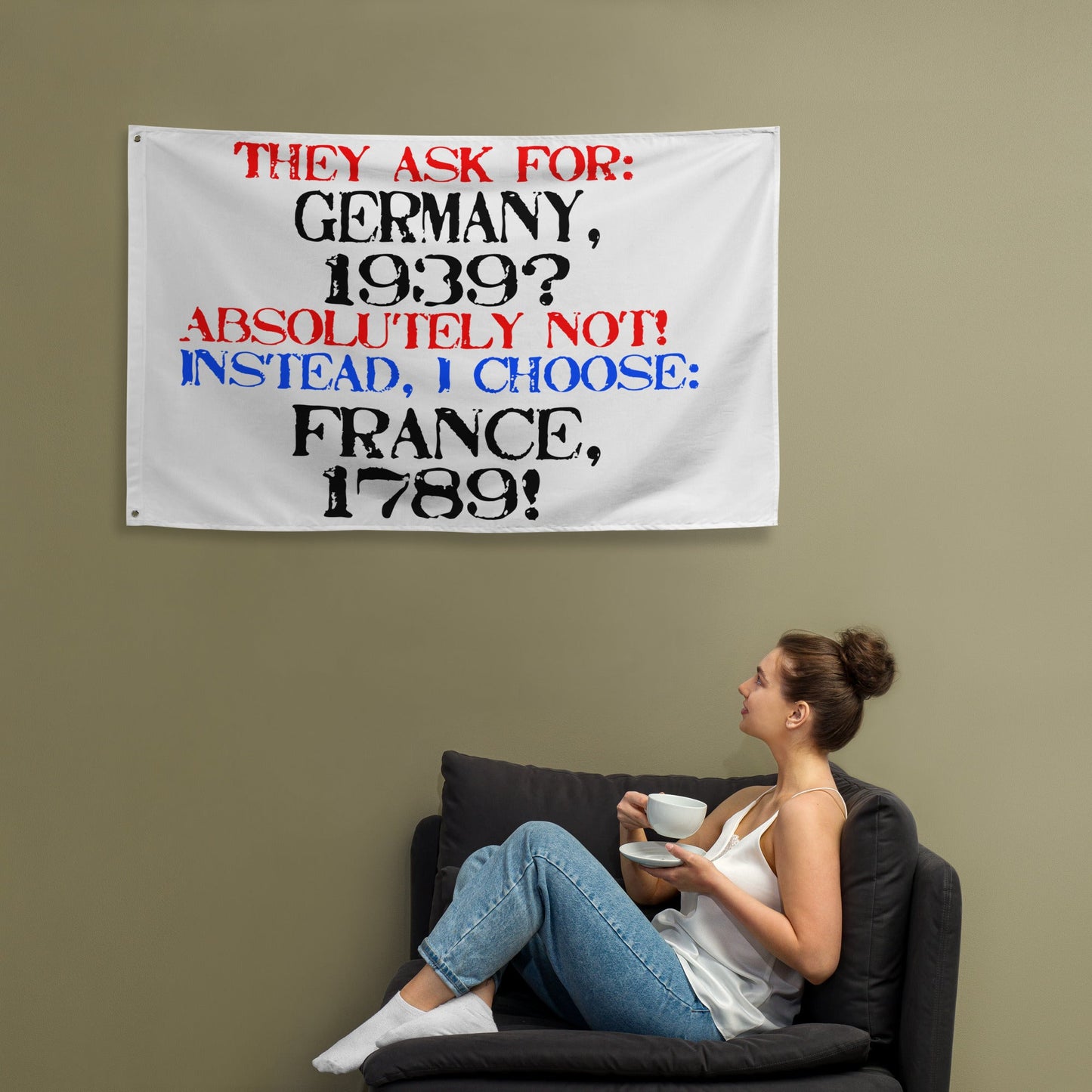White flag with bold text contrasting Germany 1939 and France 1789, hung on wall.