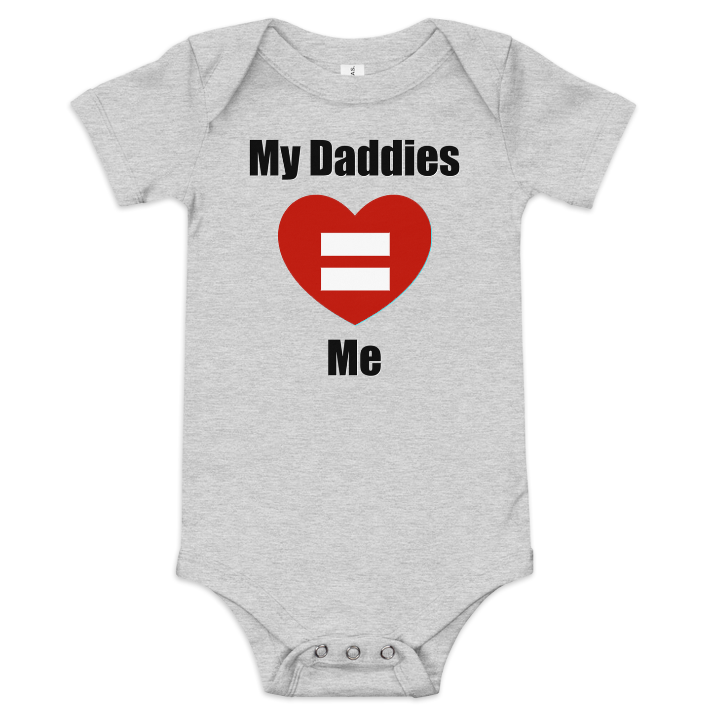 My Daddies Love Me baby short sleeve one-piece with heart and equal sign design.