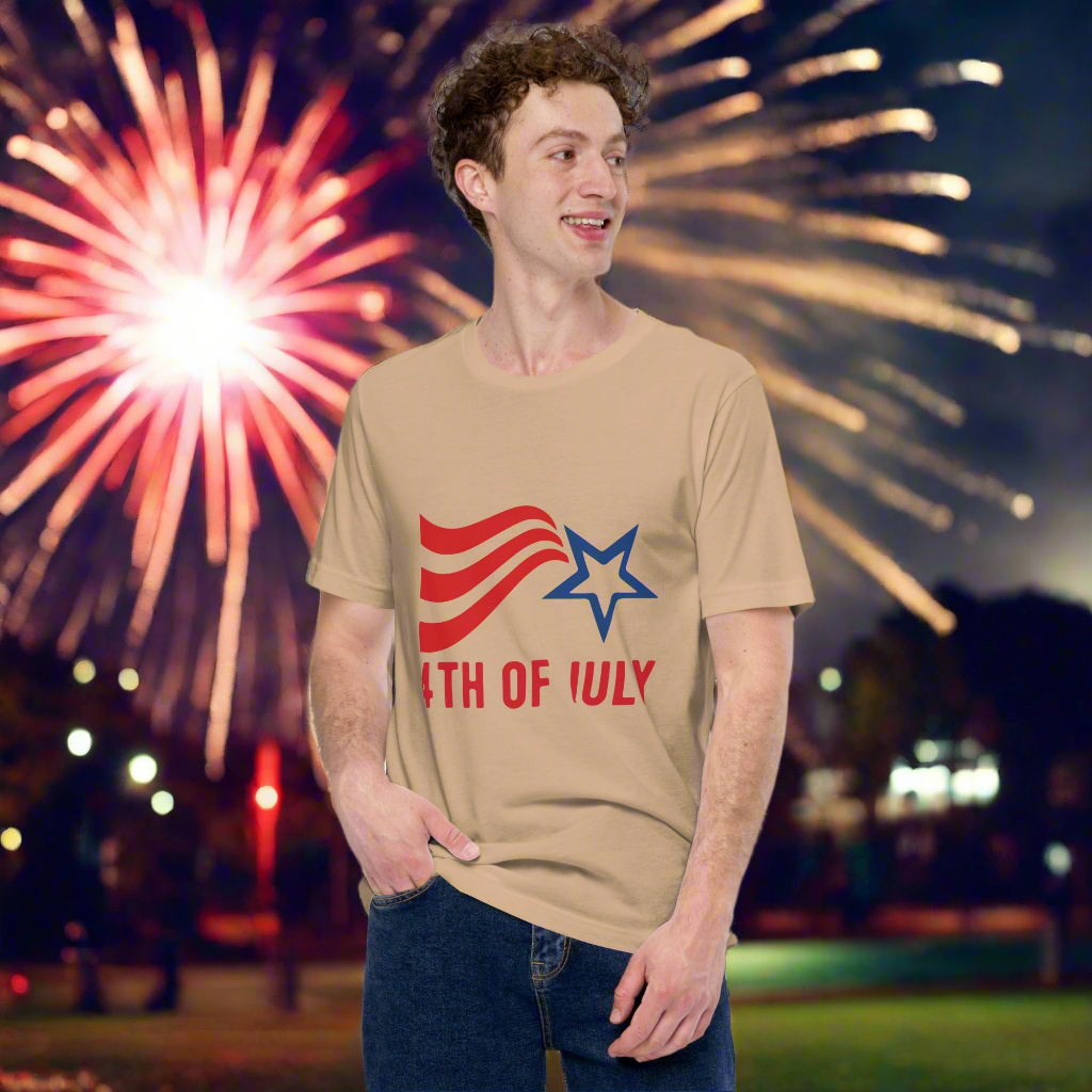 Fourth of July unisex t-shirt with stripes and star design, soft and lightweight fabric, perfect for Independence Day celebrations.