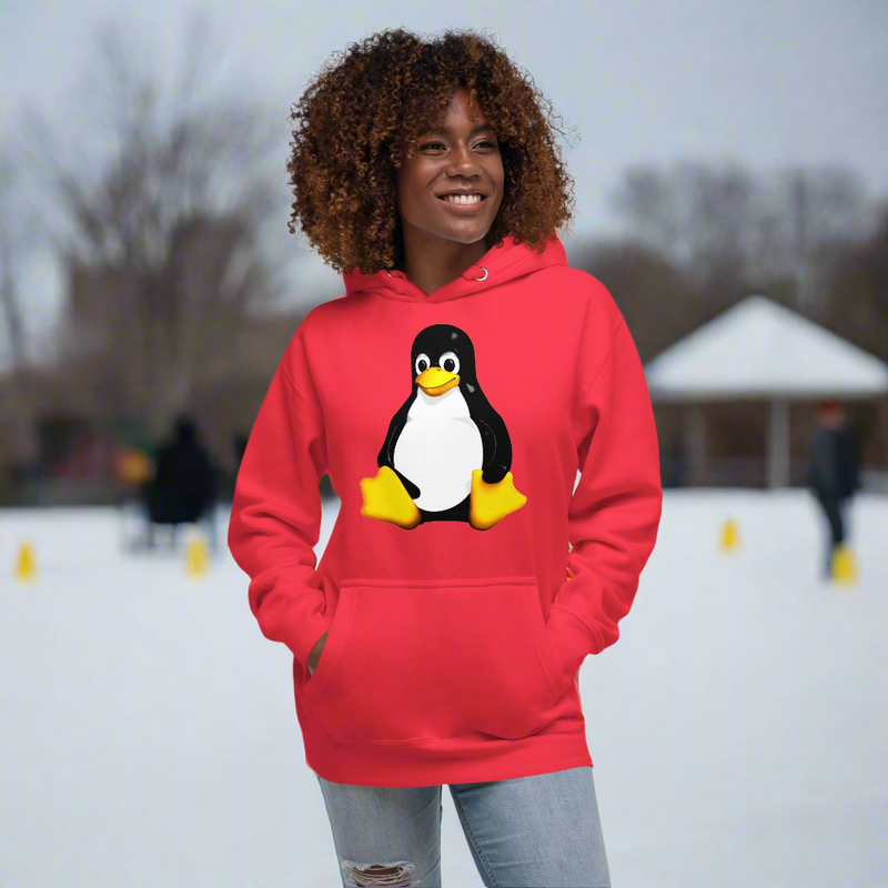Linux Mascot Unisex Hoodie with Tux graphic, showcasing passion for open-source software.