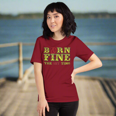 1st Time Unisex t-shirt with "Born Fine the 1st Time" and atheist symbol design worn by model outdoors.
