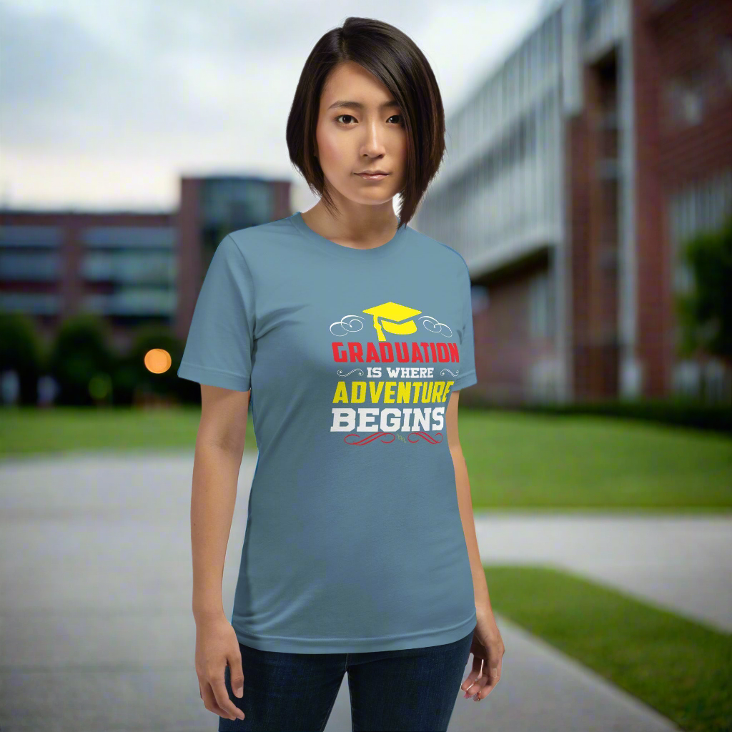 Unisex t-shirt with "Graduation is where adventure begins" design, soft and lightweight fabric ideal for graduation celebrations.