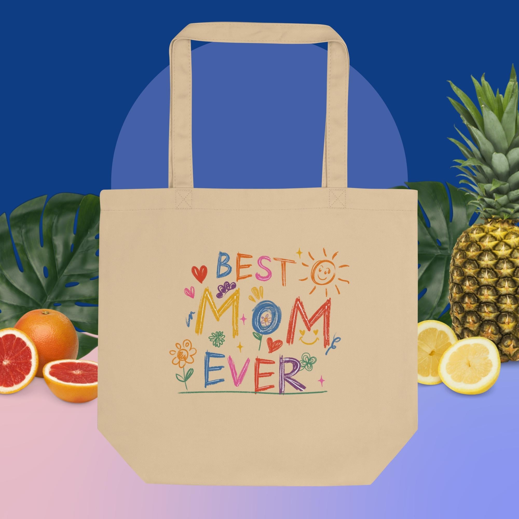 Best Mom Ever Eco Tote Bag made from organic cotton with colorful design, perfect for groceries and books.