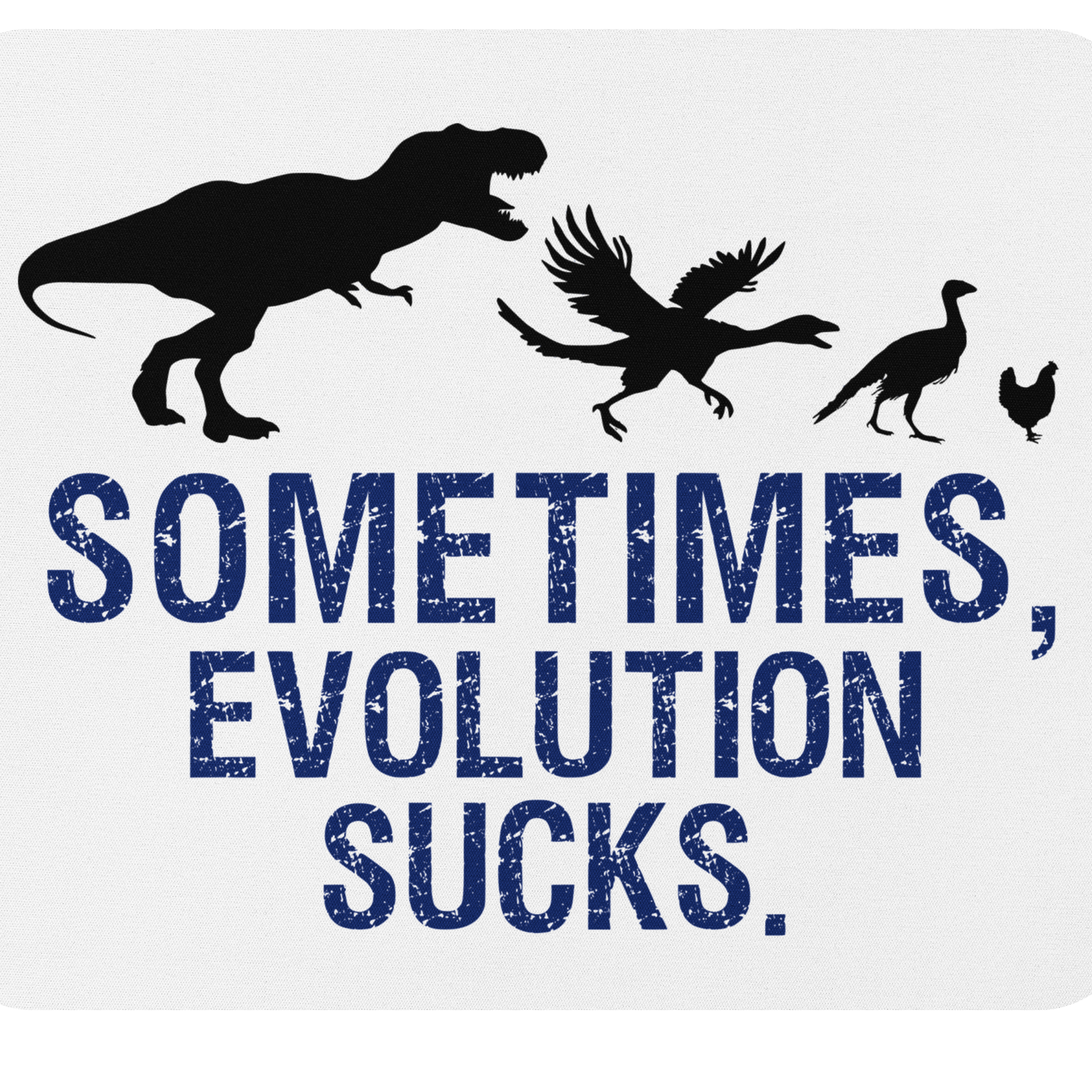 Evolution Sucks stainless steel water bottle with T-rex to chicken illustration and humorous text.