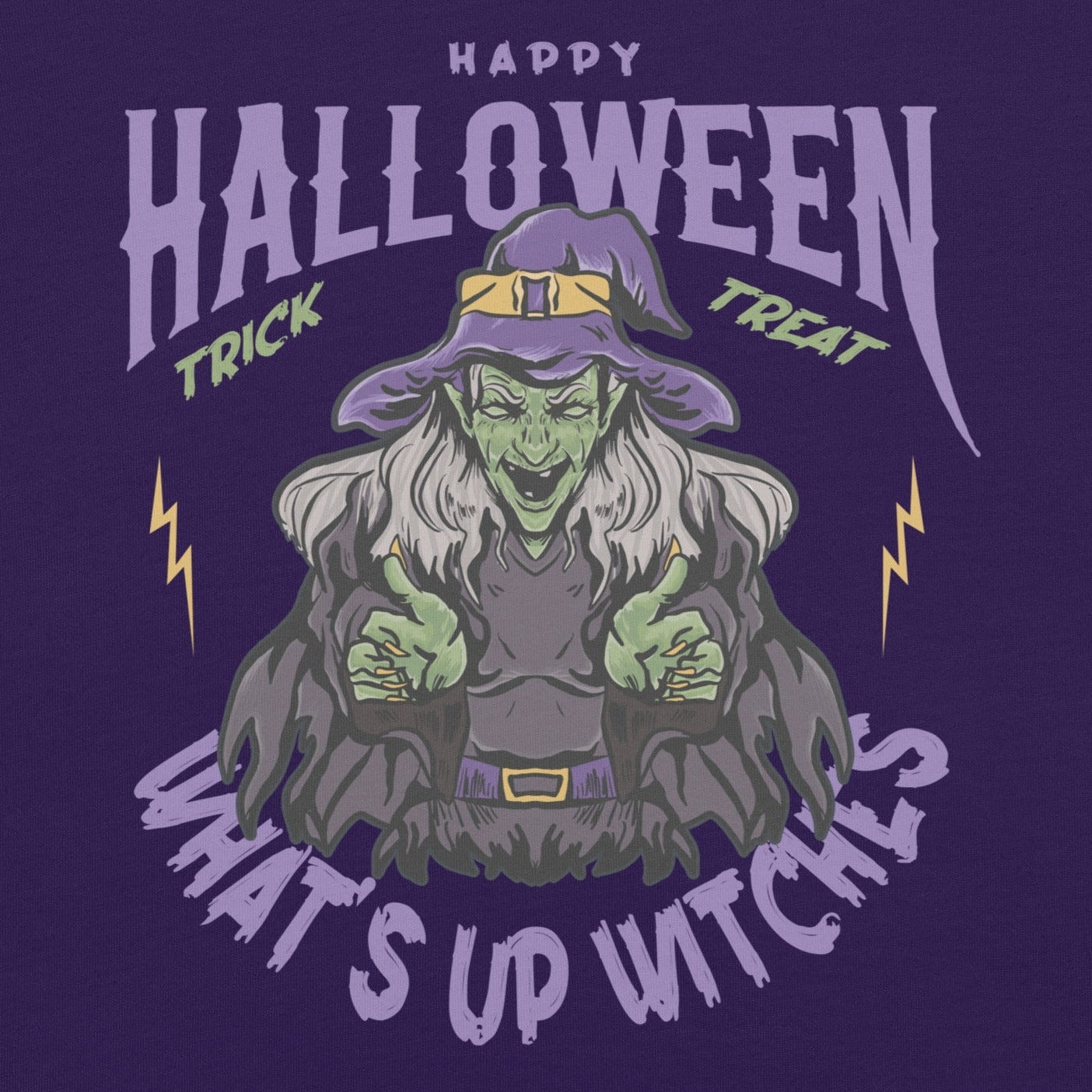 Unisex t-shirt with "What's up witches" Halloween design featuring a green-skinned witch in a purple hat.