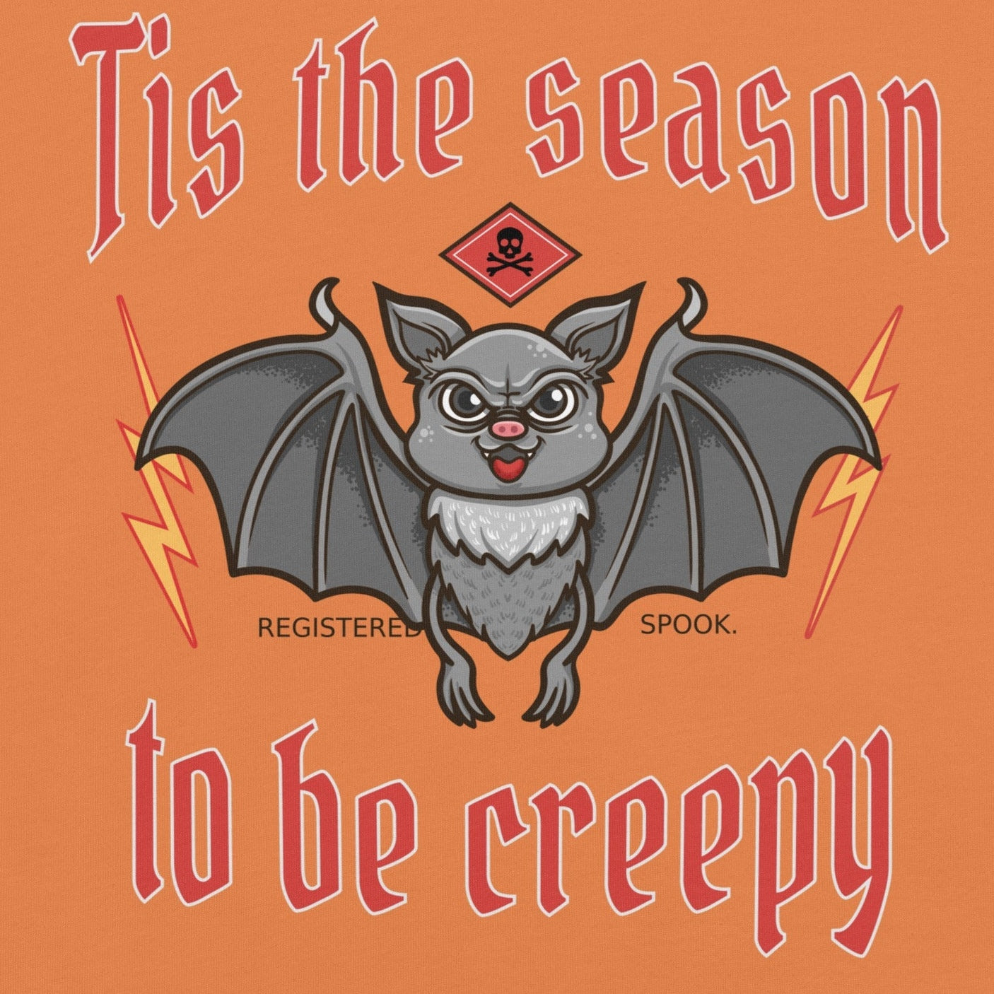 Halloween-themed unisex t-shirt featuring a cartoon bat and text "'Tis the season to be creepy".