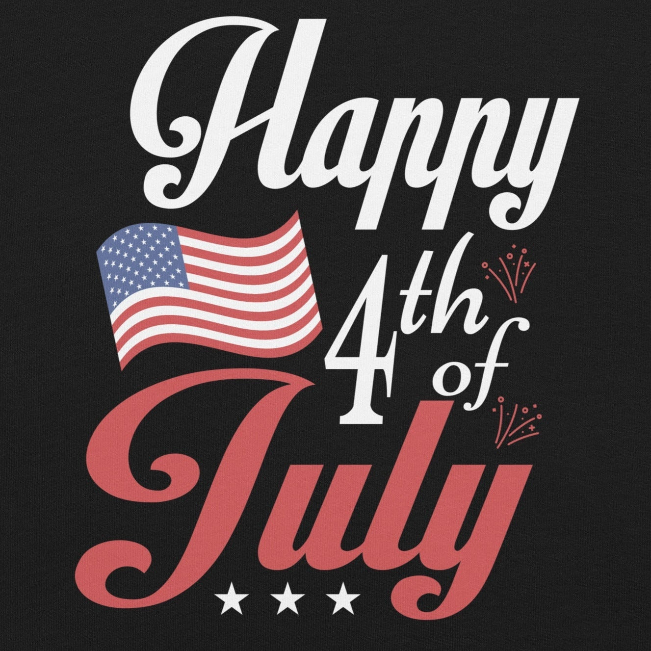 Unisex t-shirt design featuring "Happy 4th of July" text with an American flag and celebratory elements.