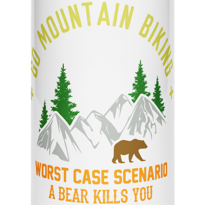 Go Mountain Biking stainless steel water bottle with mountain and bear design.