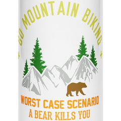 Go Mountain Biking stainless steel water bottle with mountain and bear design.