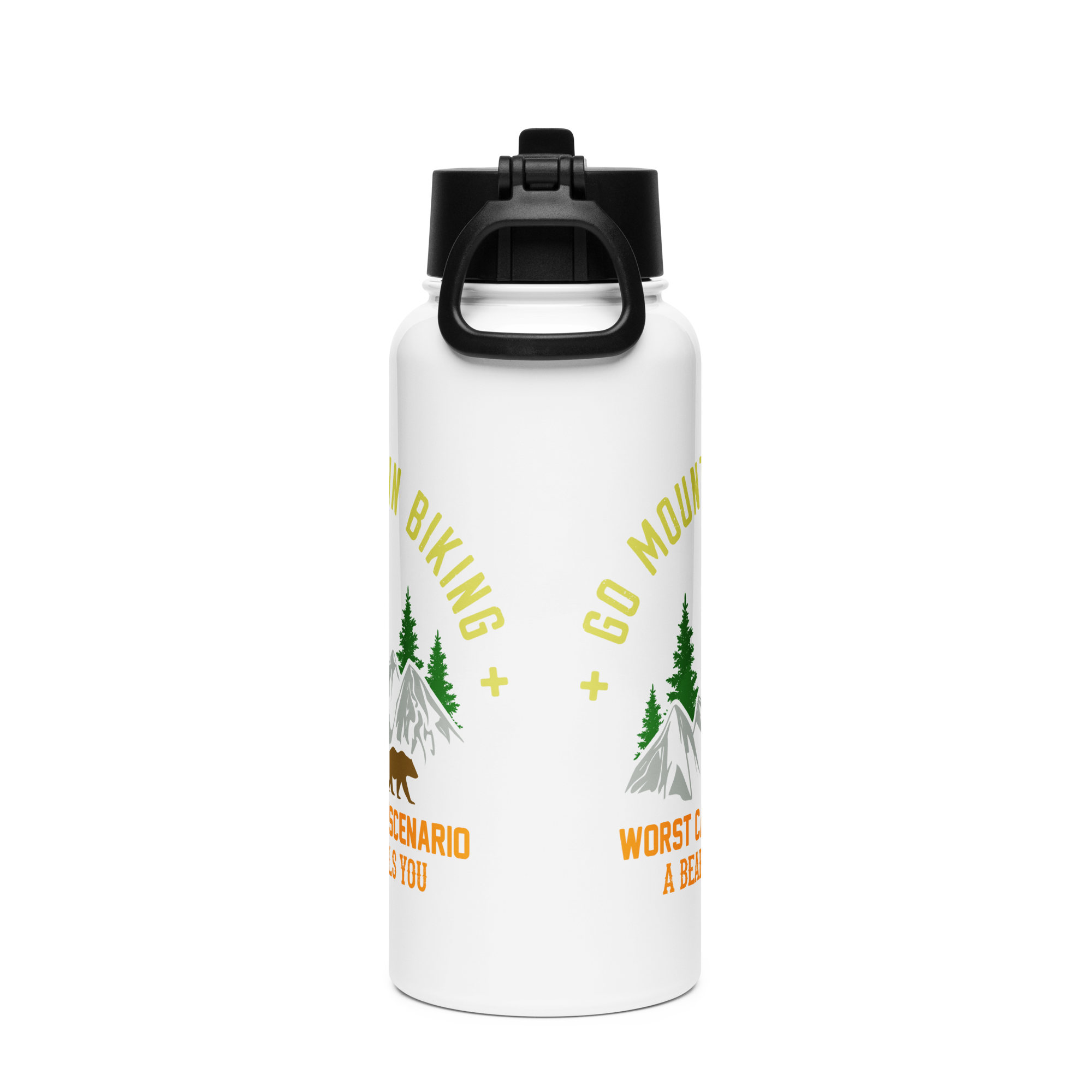 Stainless steel water bottle with straw lid for mountain biking.