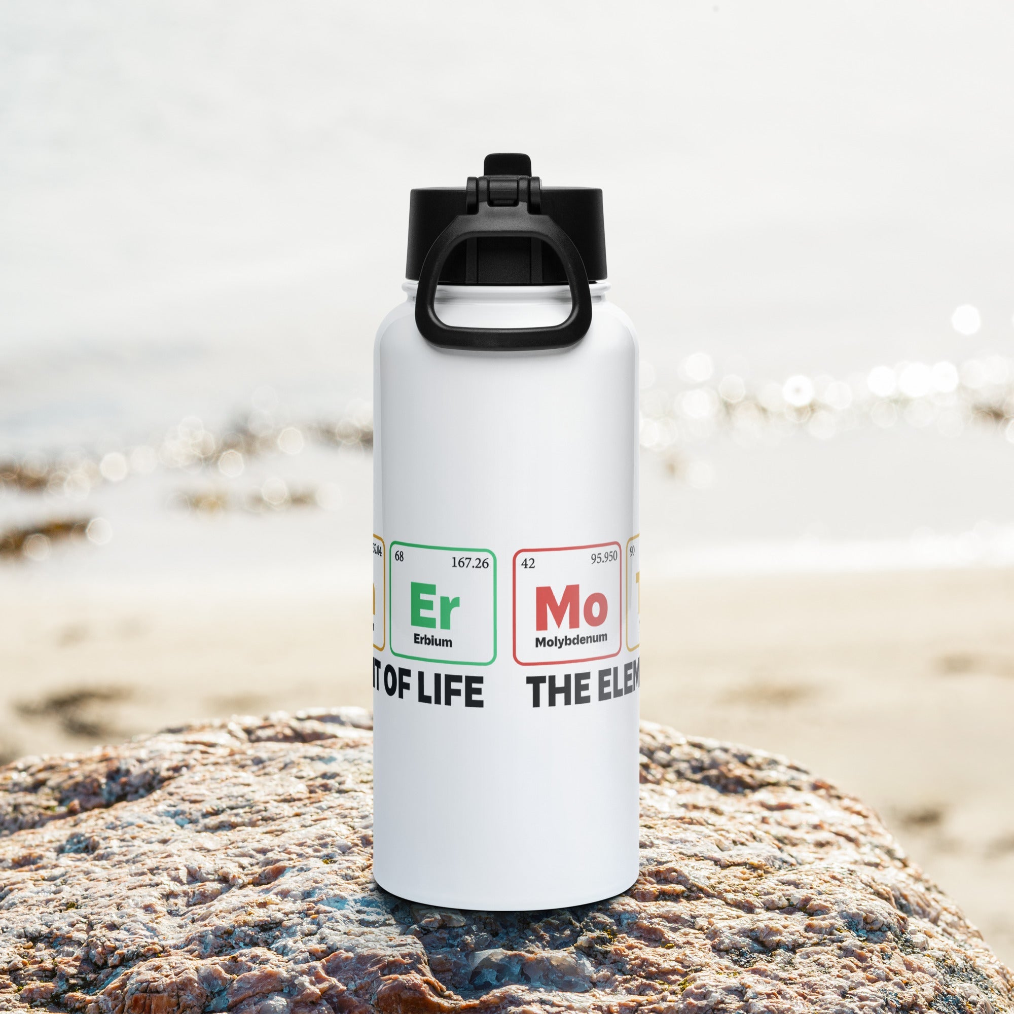 Mother - the Element of Life stainless steel water bottle, 32 oz, with straw lid on a rock by the sea.