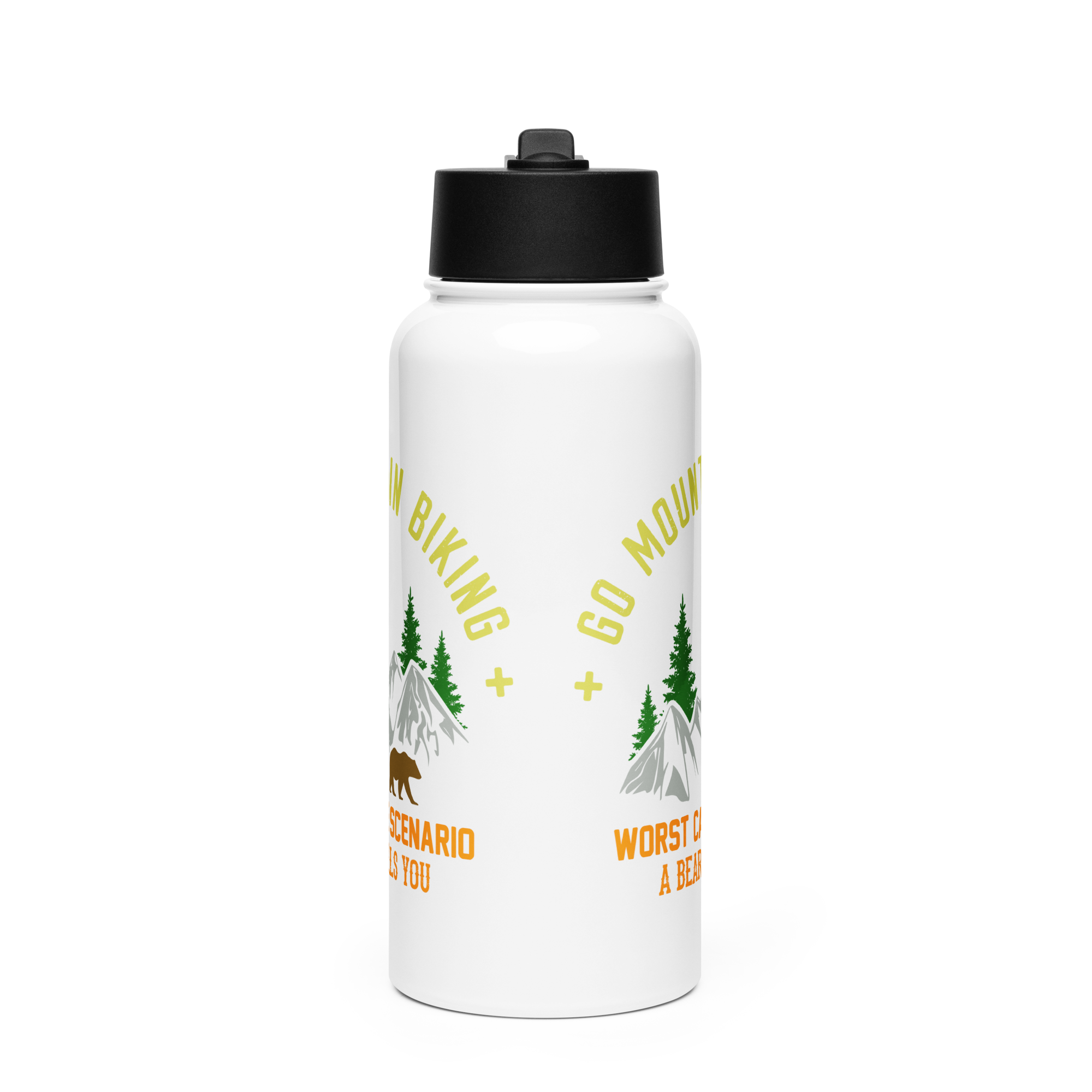 Stainless steel water bottle with straw lid featuring mountain biking design.