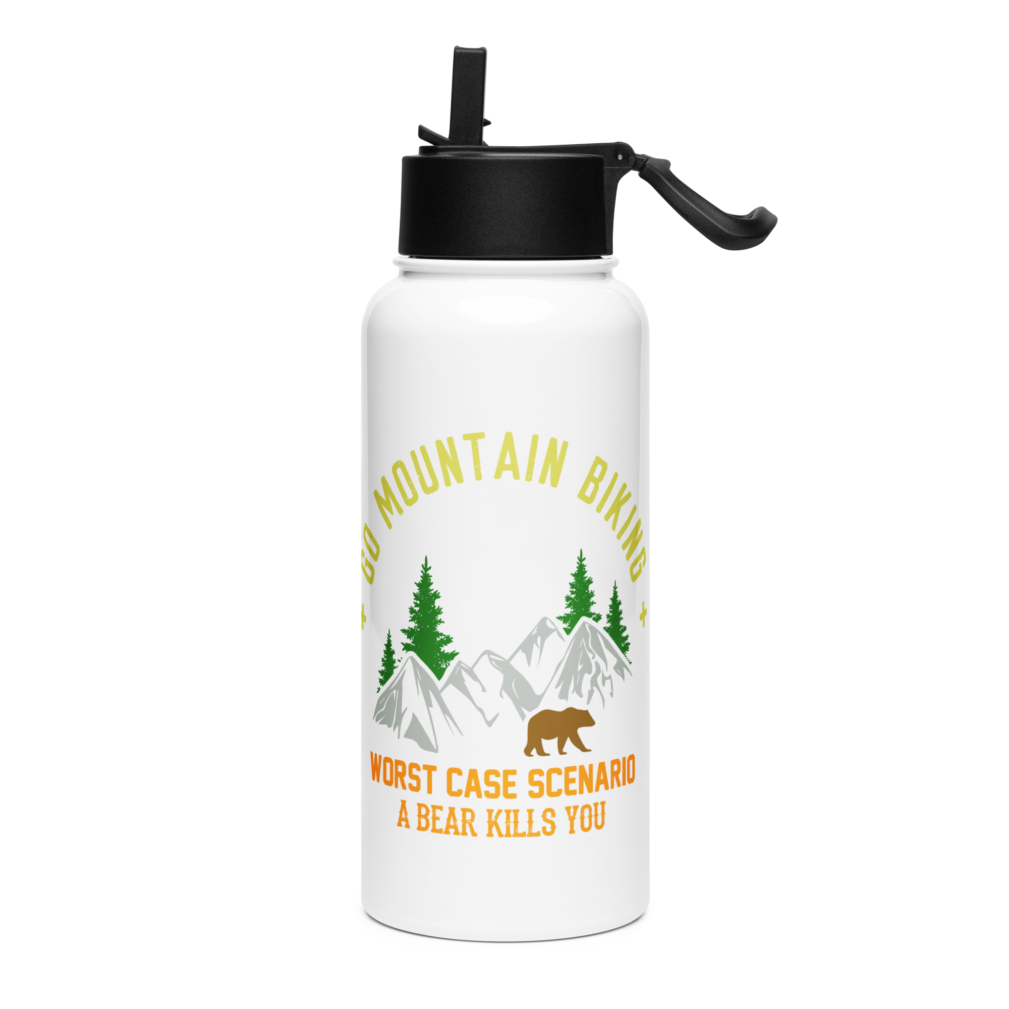 Stainless steel water bottle with straw lid, mountain biking design, 32 oz, trees and mountains graphic.