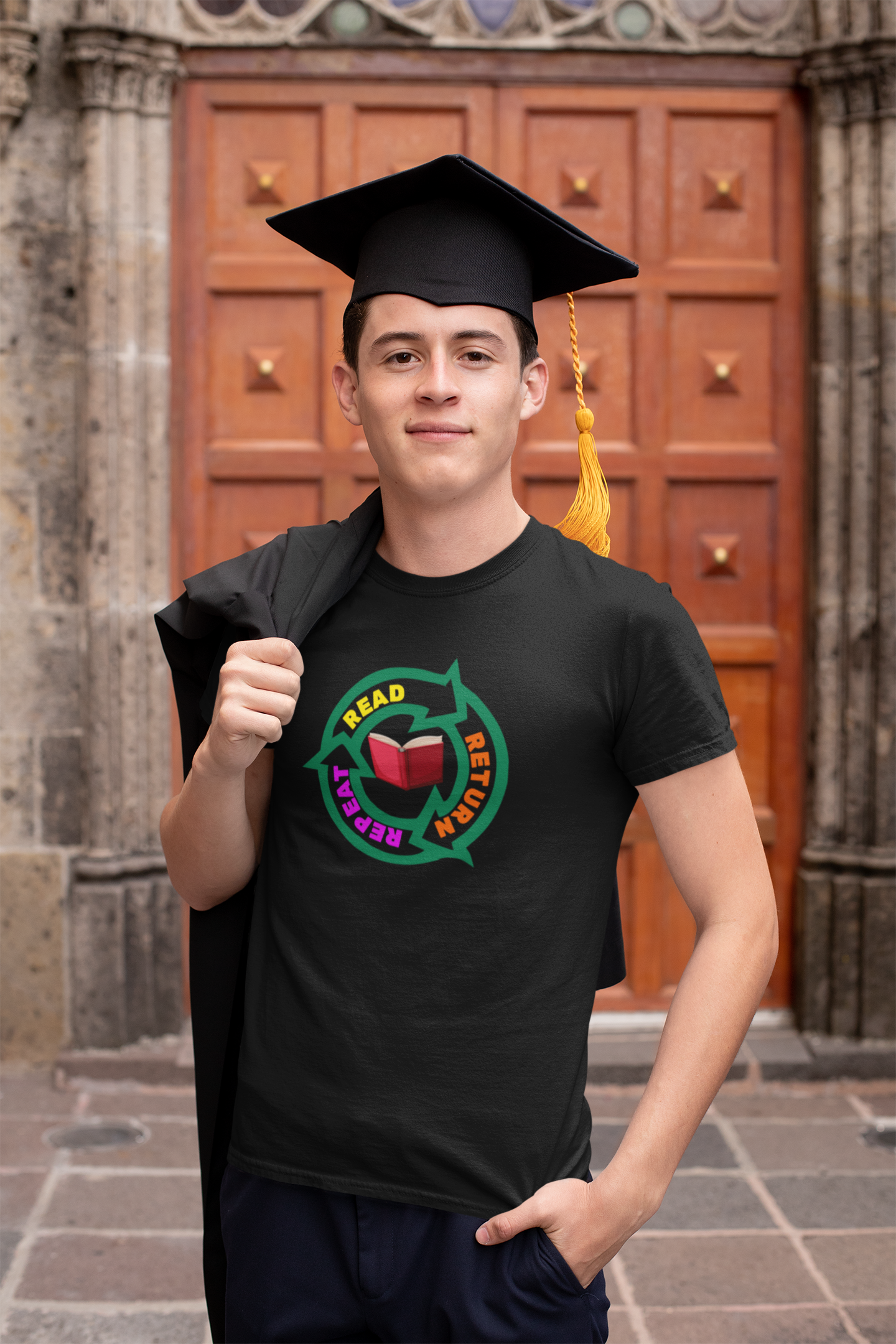 READ - RETURN - REPEAT in recycle symbol with open book Unisex t-shirt