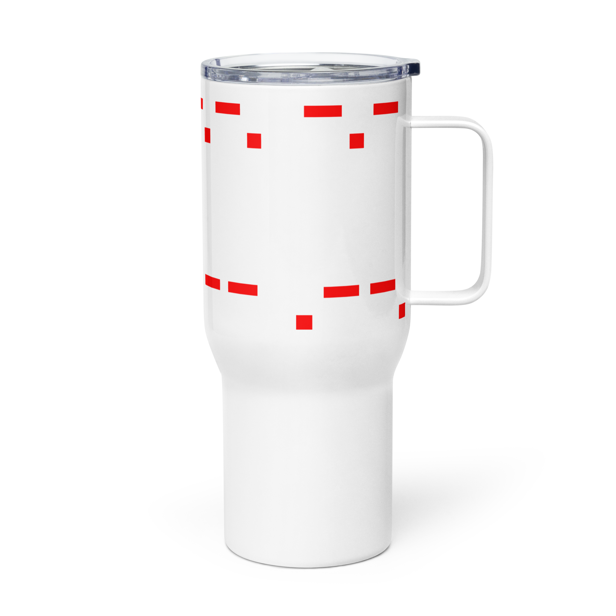 Stainless steel Mango Mussolini travel mug with handle and plastic lid.