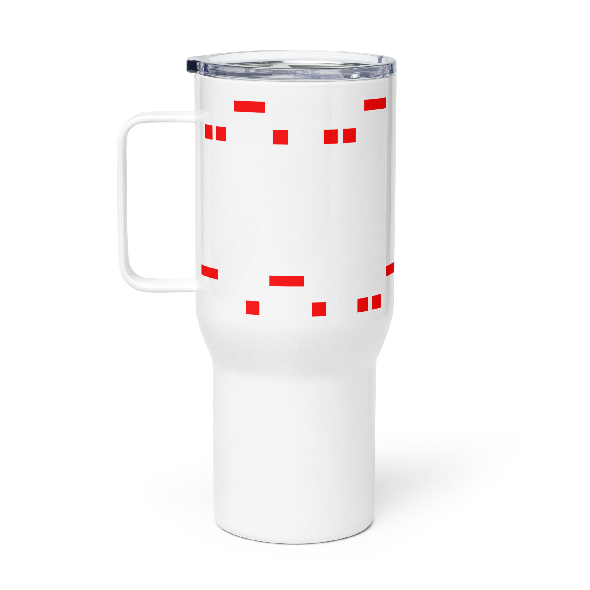 White travel mug with handle, red geometric design, and spill-proof lid.
