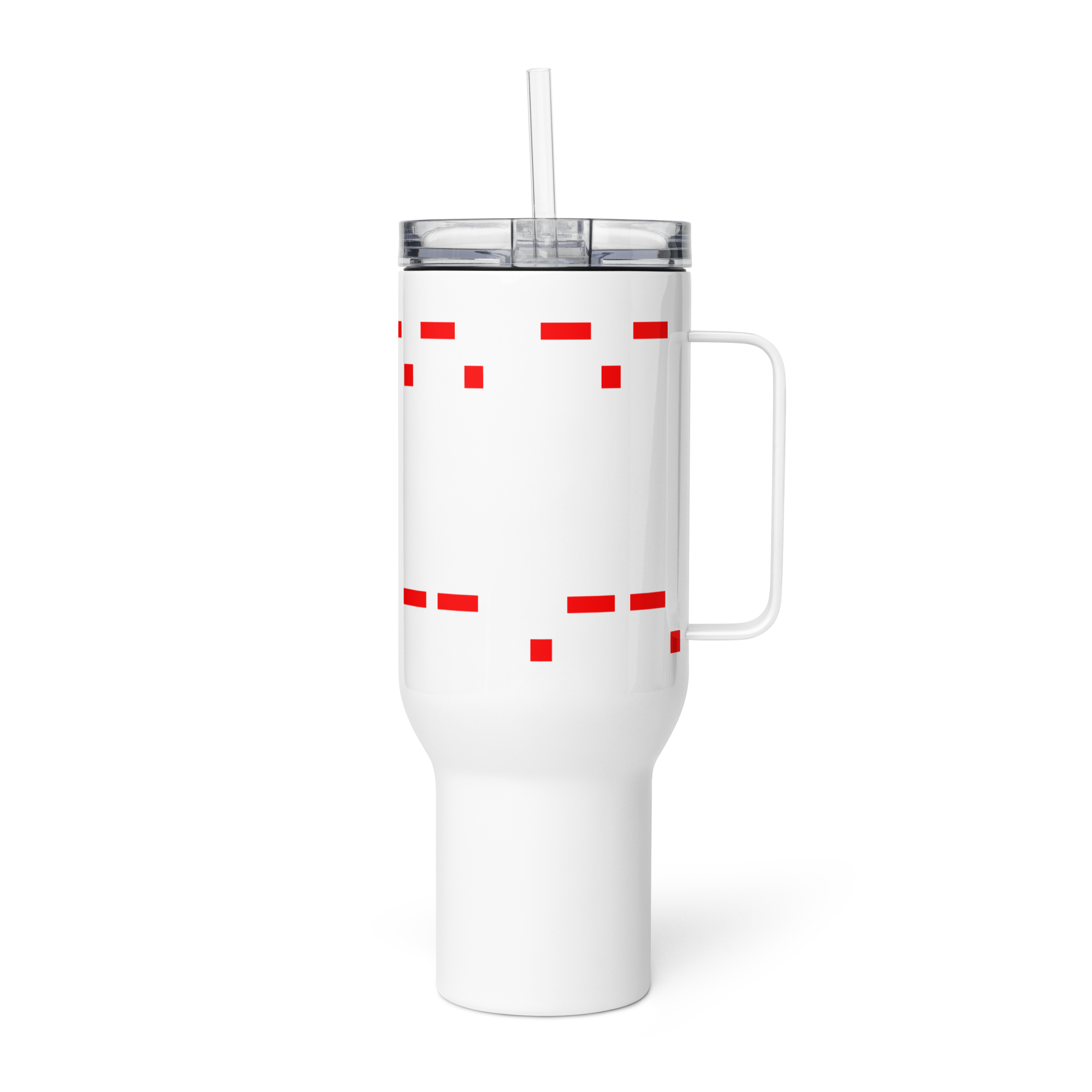 Mango Mussolini travel mug with handle, stainless steel, white with lid and straw.