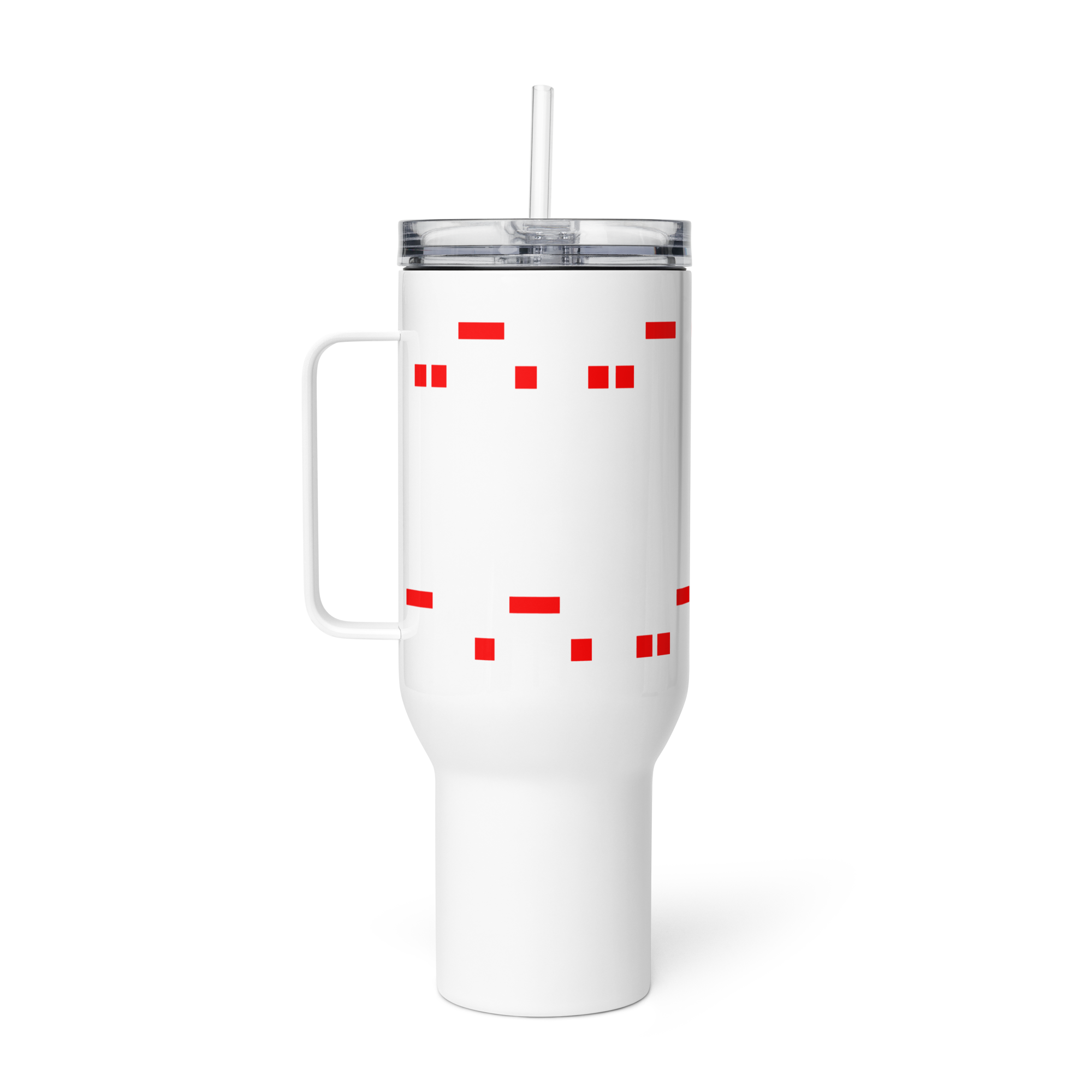 Mango Mussolini travel mug with handle, stainless steel, spill-proof lid, 40 oz size.