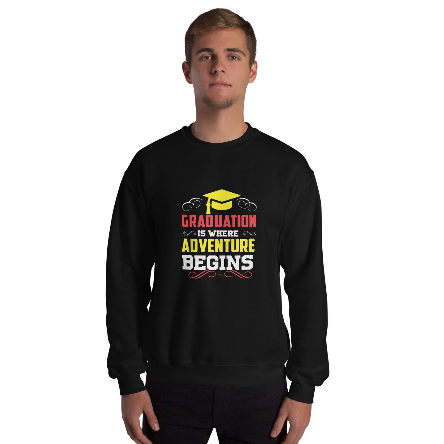 Unisex black sweatshirt with "Graduation is where adventure begins" design featuring a graduation cap and decorative text.