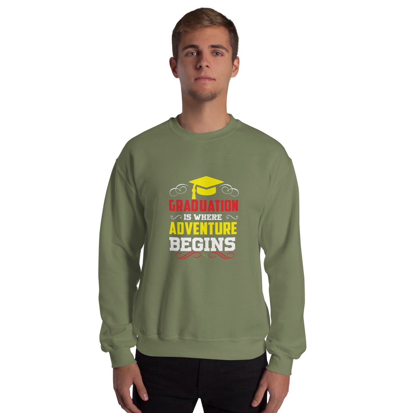 Unisex sweatshirt in green with "Graduation is where adventure begins" printed in bold text.