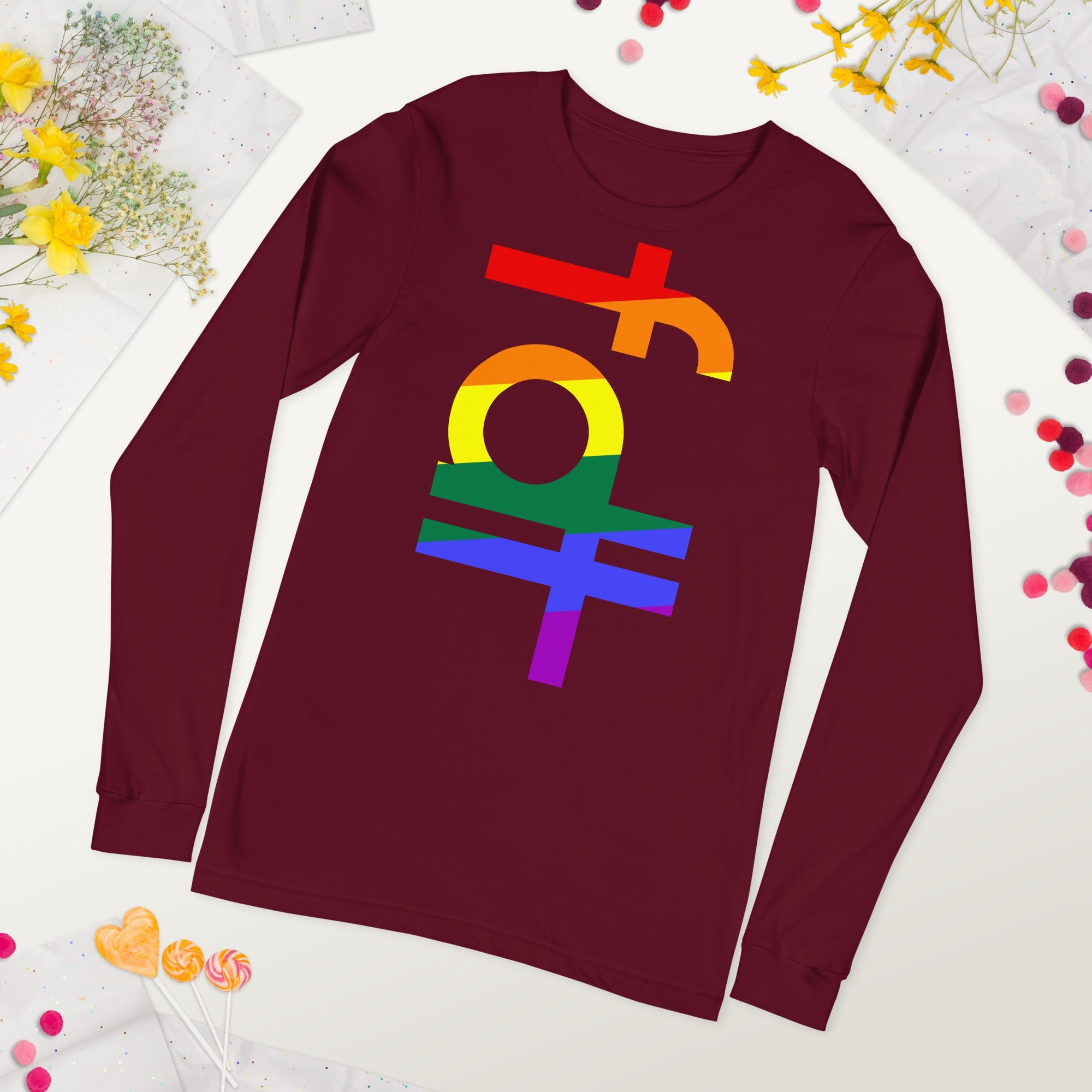 Unisex long sleeve tee with pride colors design, featuring fdt graphic on a maroon background.