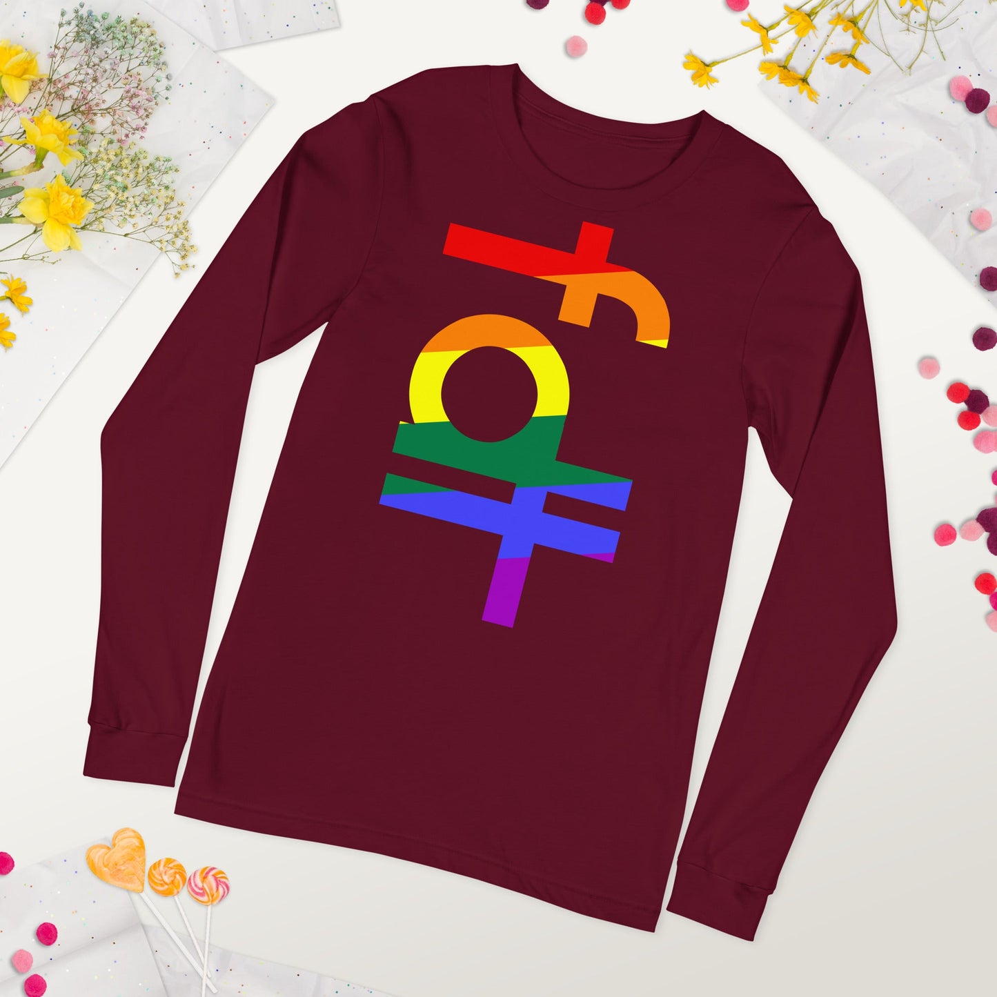 Unisex long sleeve tee with pride colors design, featuring fdt graphic on a maroon background.