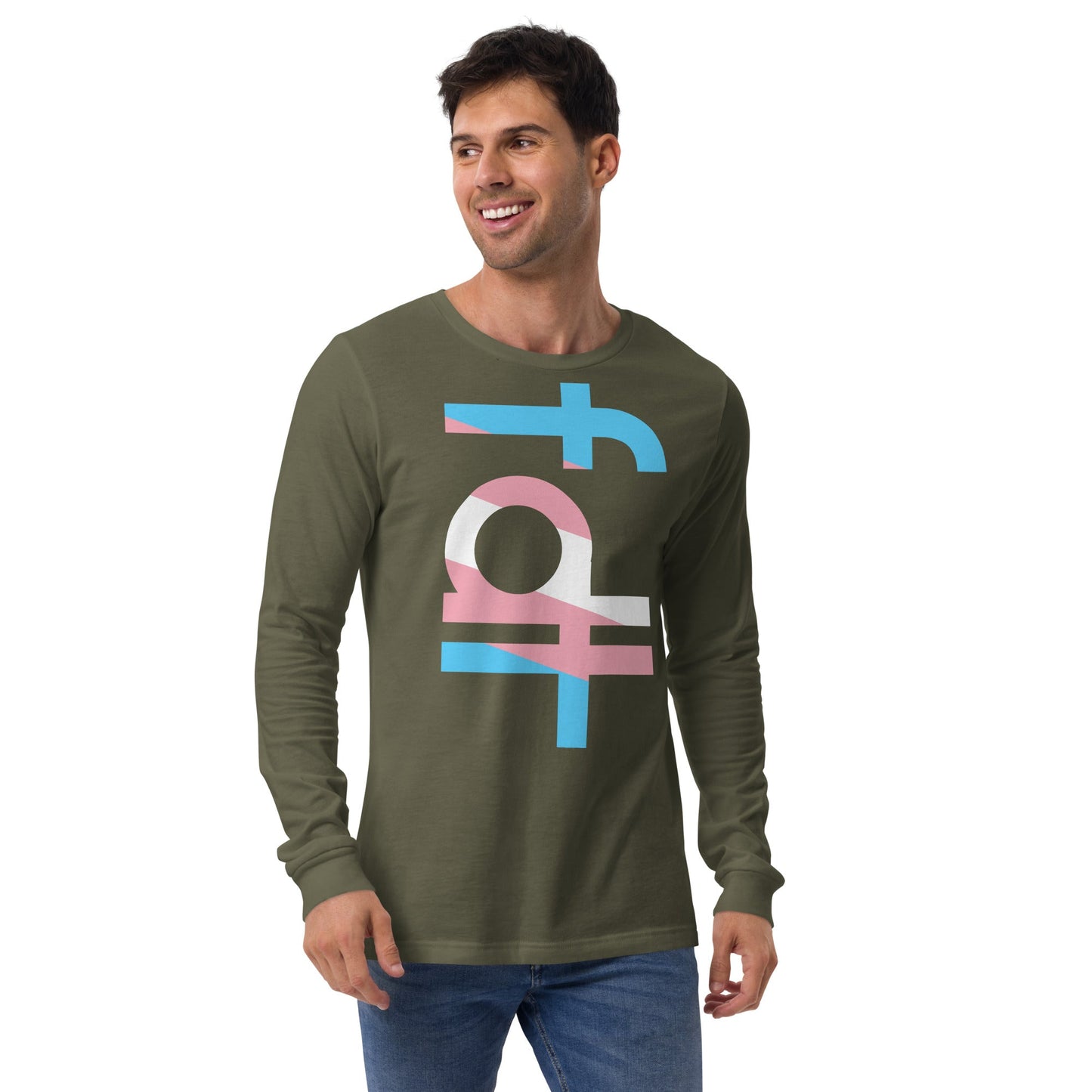 Unisex long sleeve tee with trans flag colors design, casual and versatile wear.