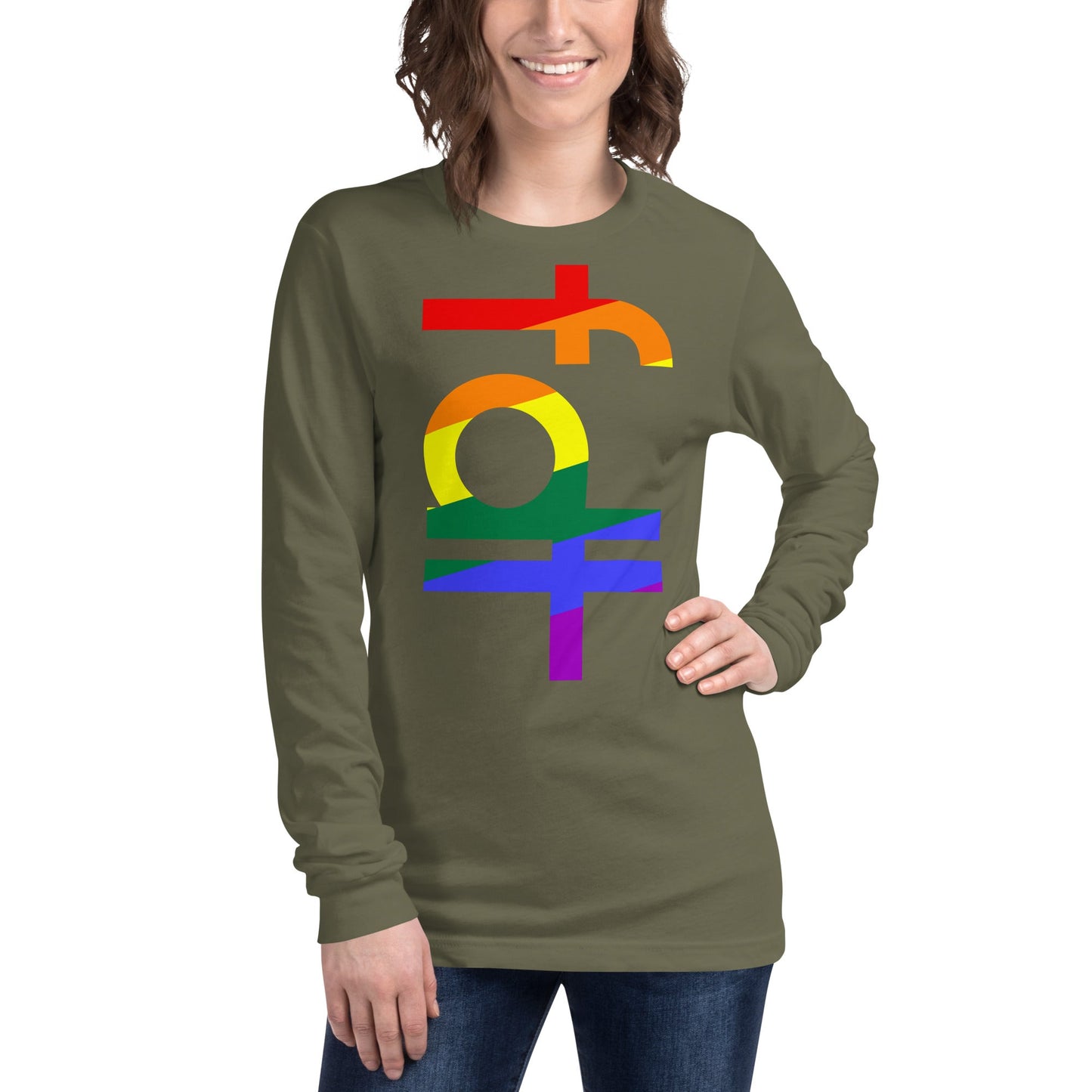 Unisex long sleeve tee in pride colors with "fdt" design.