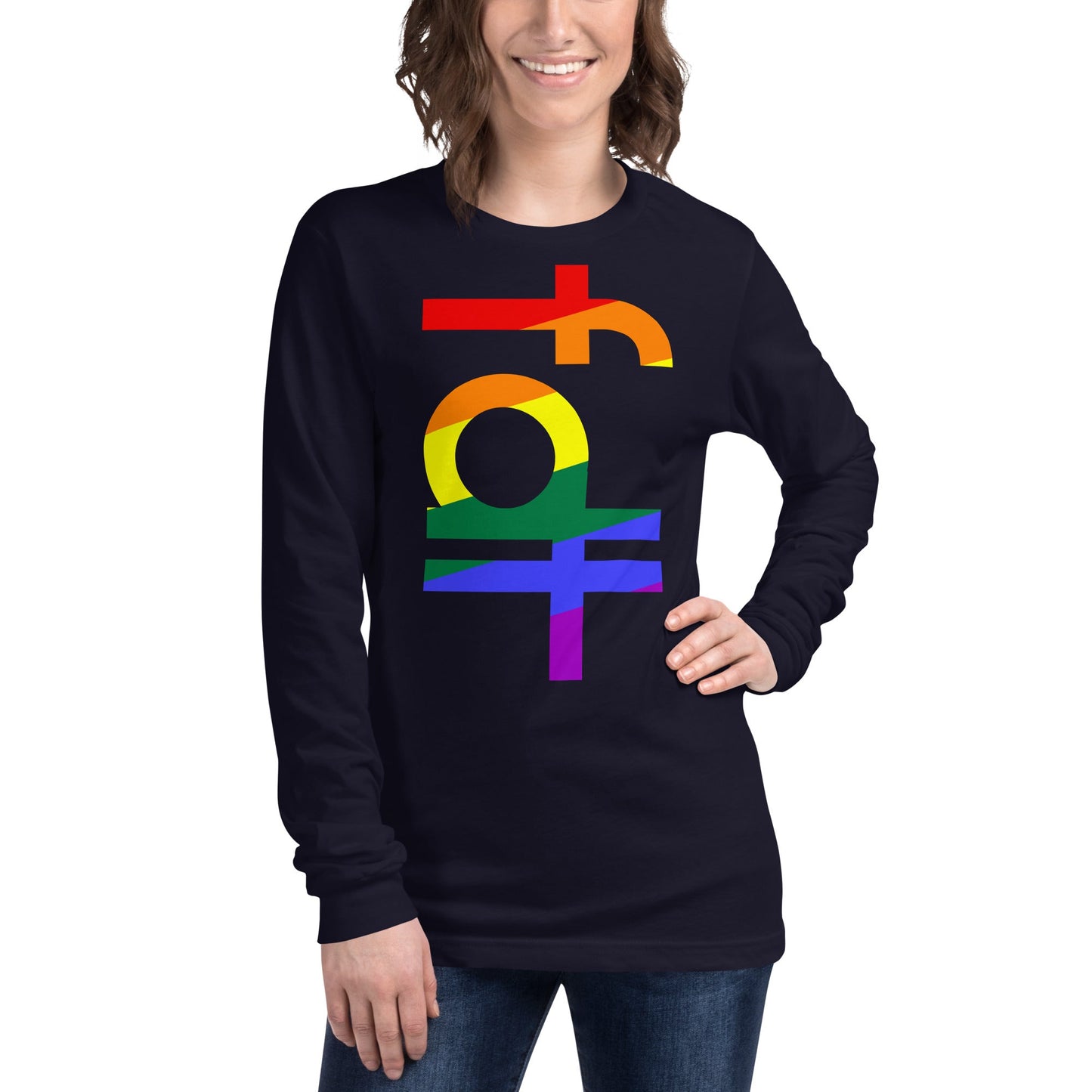 Unisex long sleeve tee with fdt design in pride colors, featuring crew neck and ribbed cuffs.