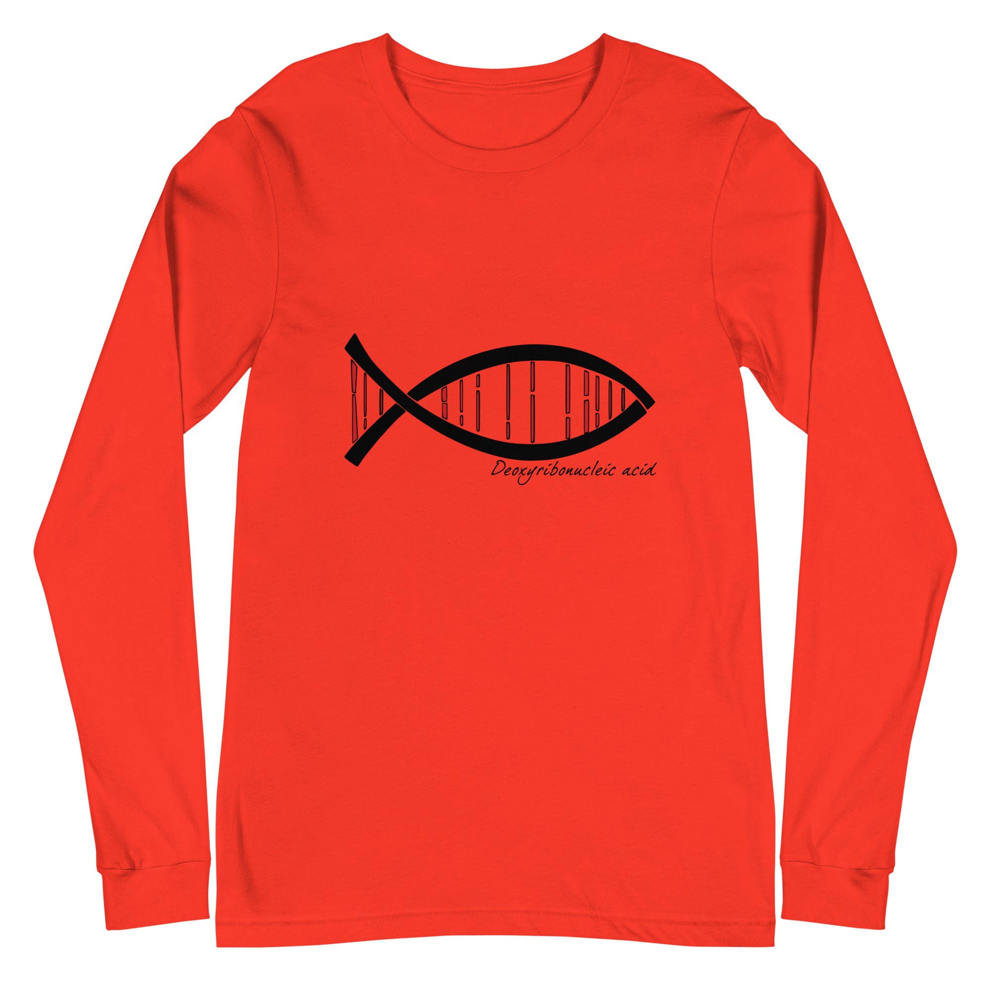 Science DNA Fish Unisex Long Sleeve Tee in red with DNA-inspired fish design.