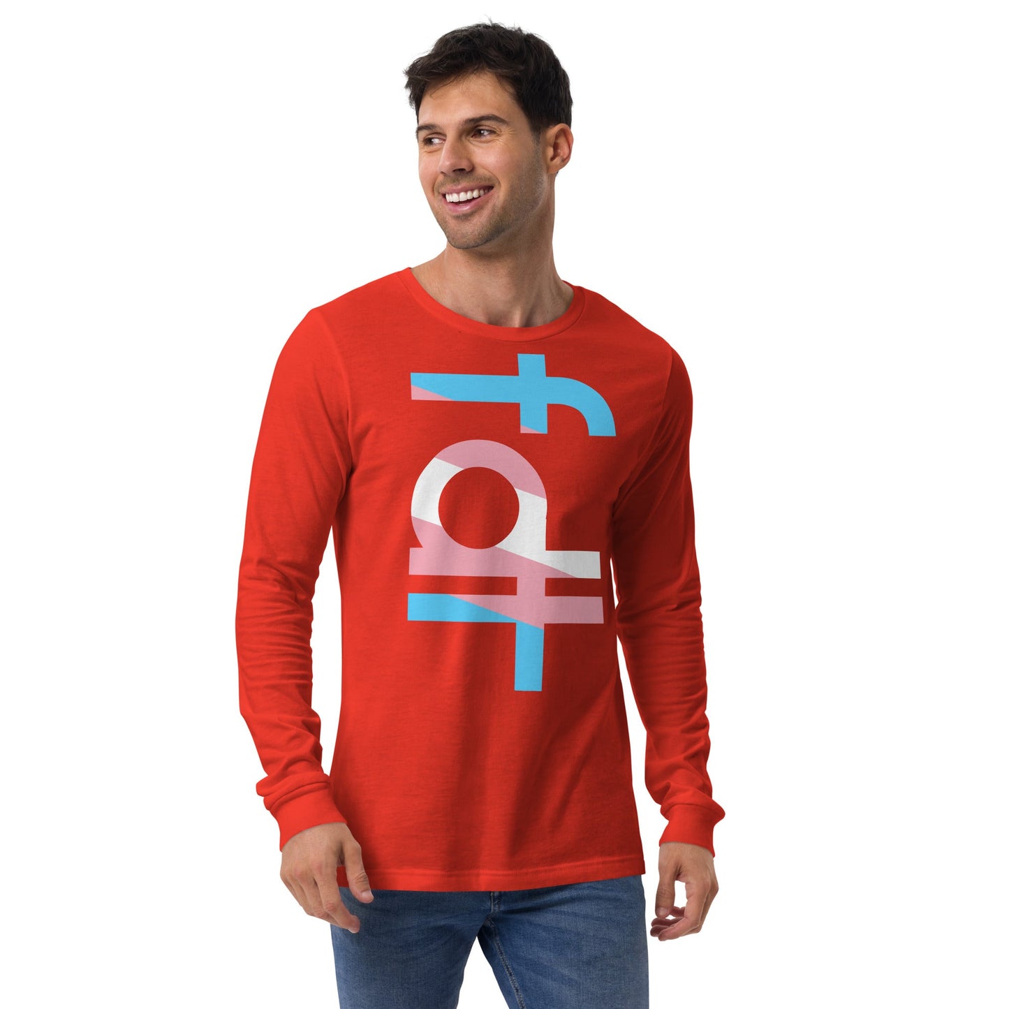 Unisex long sleeve tee with trans flag colors design, ideal for casual or professional wear.