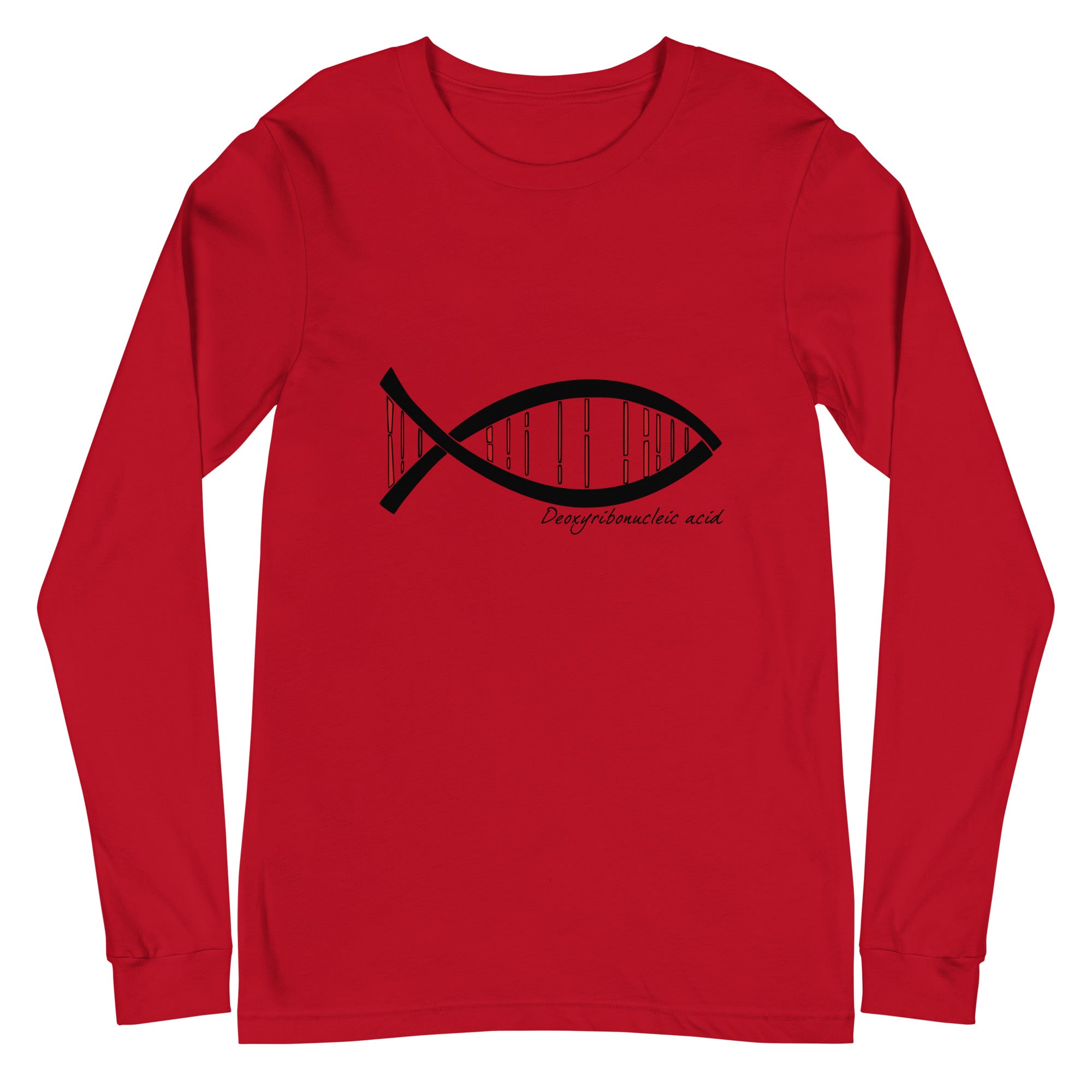Red long sleeve tee featuring a DNA-themed fish design, representing the "Science DNA Fish Unisex Long Sleeve Tee."