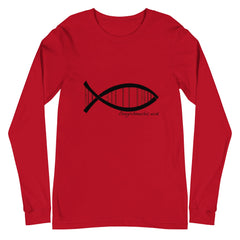Red long sleeve tee featuring a DNA-themed fish design, representing the "Science DNA Fish Unisex Long Sleeve Tee."