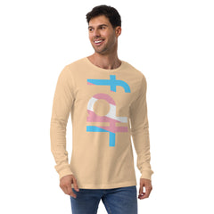 Unisex long sleeve tee with trans flag colors design, featuring "fdt" text on a beige background.