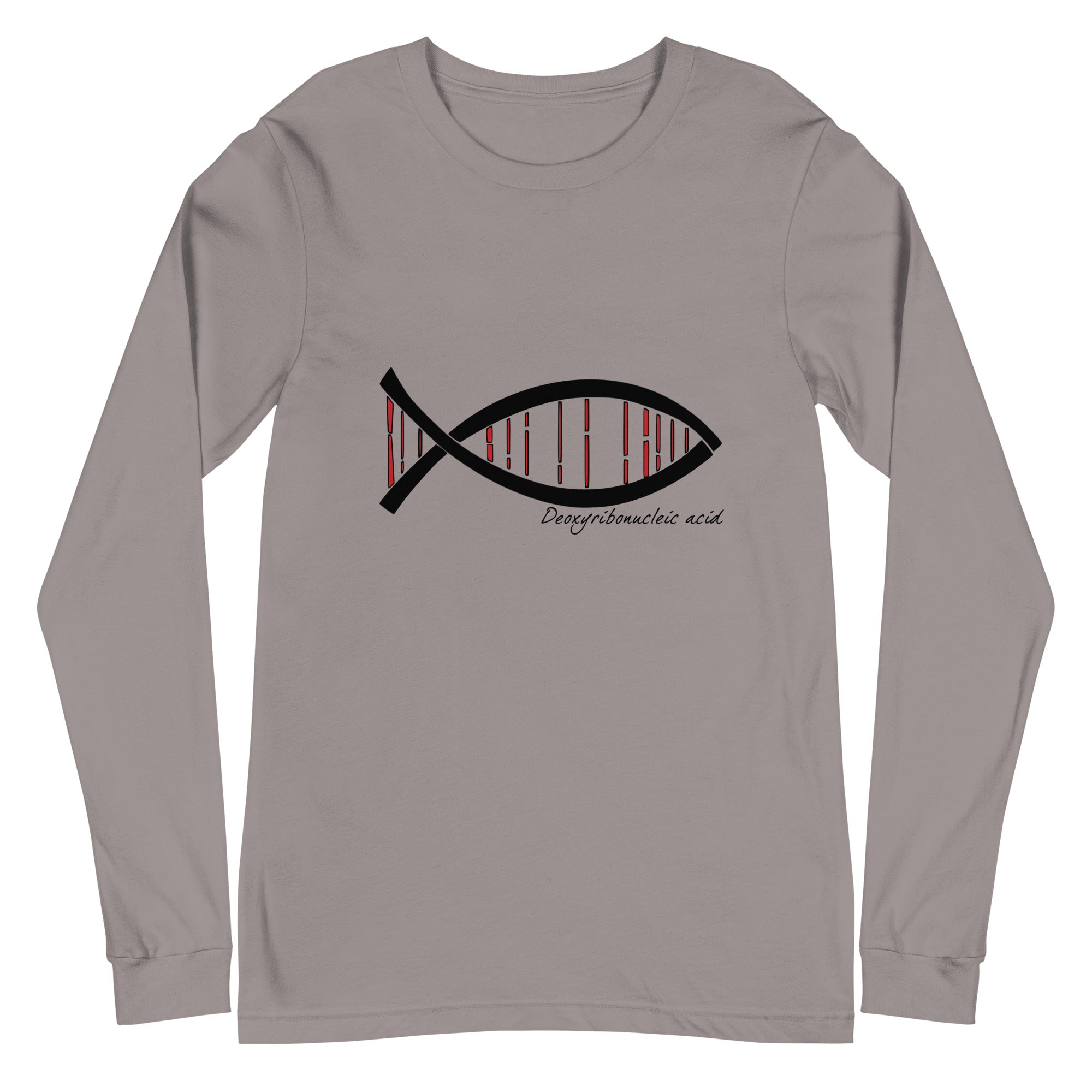 Science DNA Fish Unisex Long Sleeve Tee with creative DNA fish design on gray fabric.