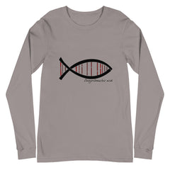 Science DNA Fish Unisex Long Sleeve Tee with creative DNA fish design on gray fabric.