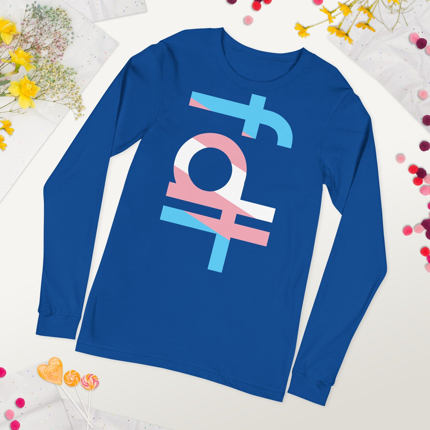 Unisex long sleeve tee with trans flag colors on a blue background.