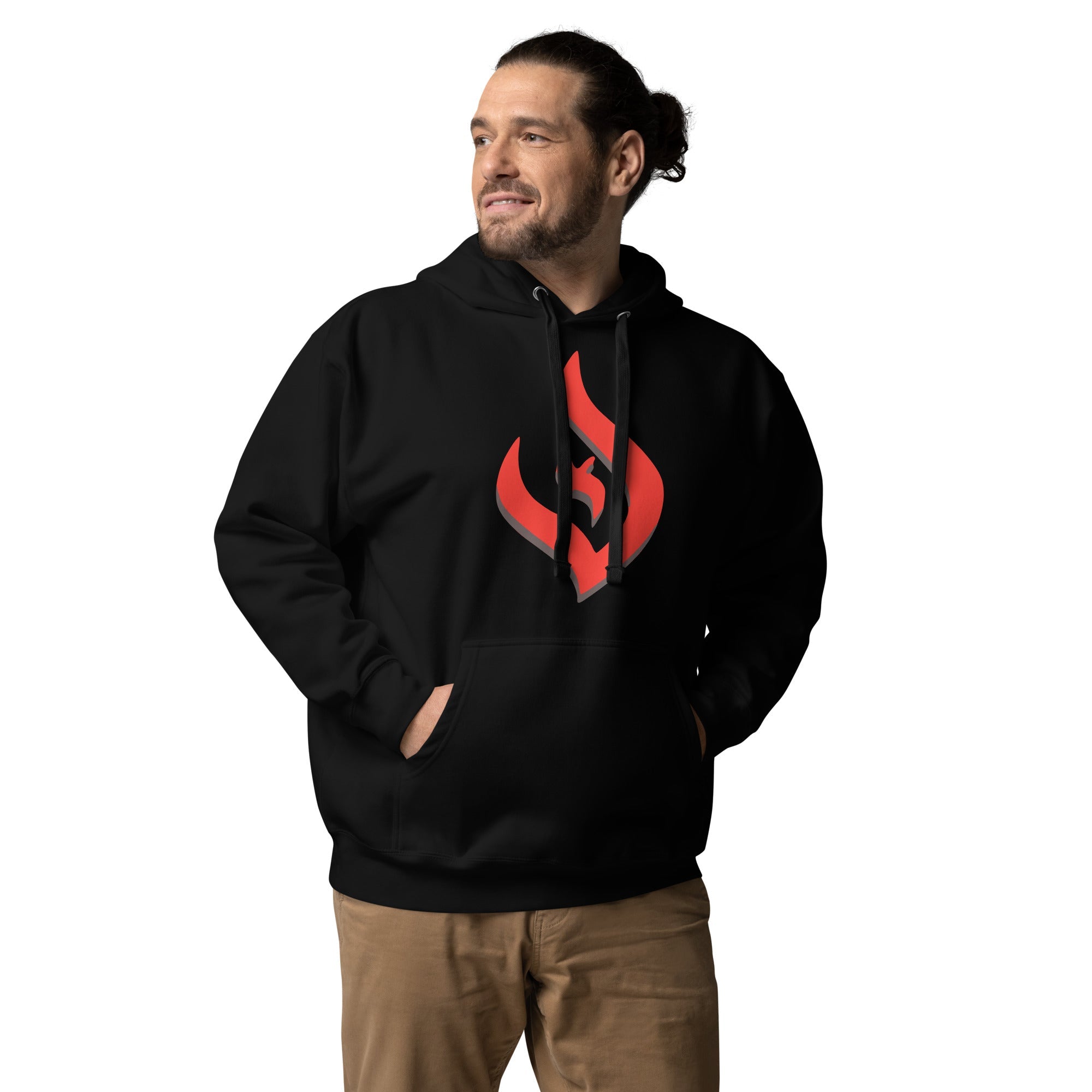 Deist Flame Unisex Hoodie with red flame logo and black shadow, cozy fabric, pouch pocket, 3-panel hood.