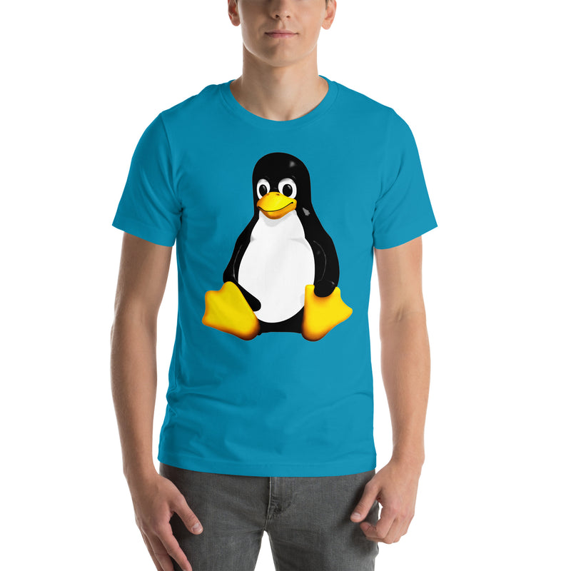 A young man wearing an aqua T-shirt with the image of Tux, the Linux mascot