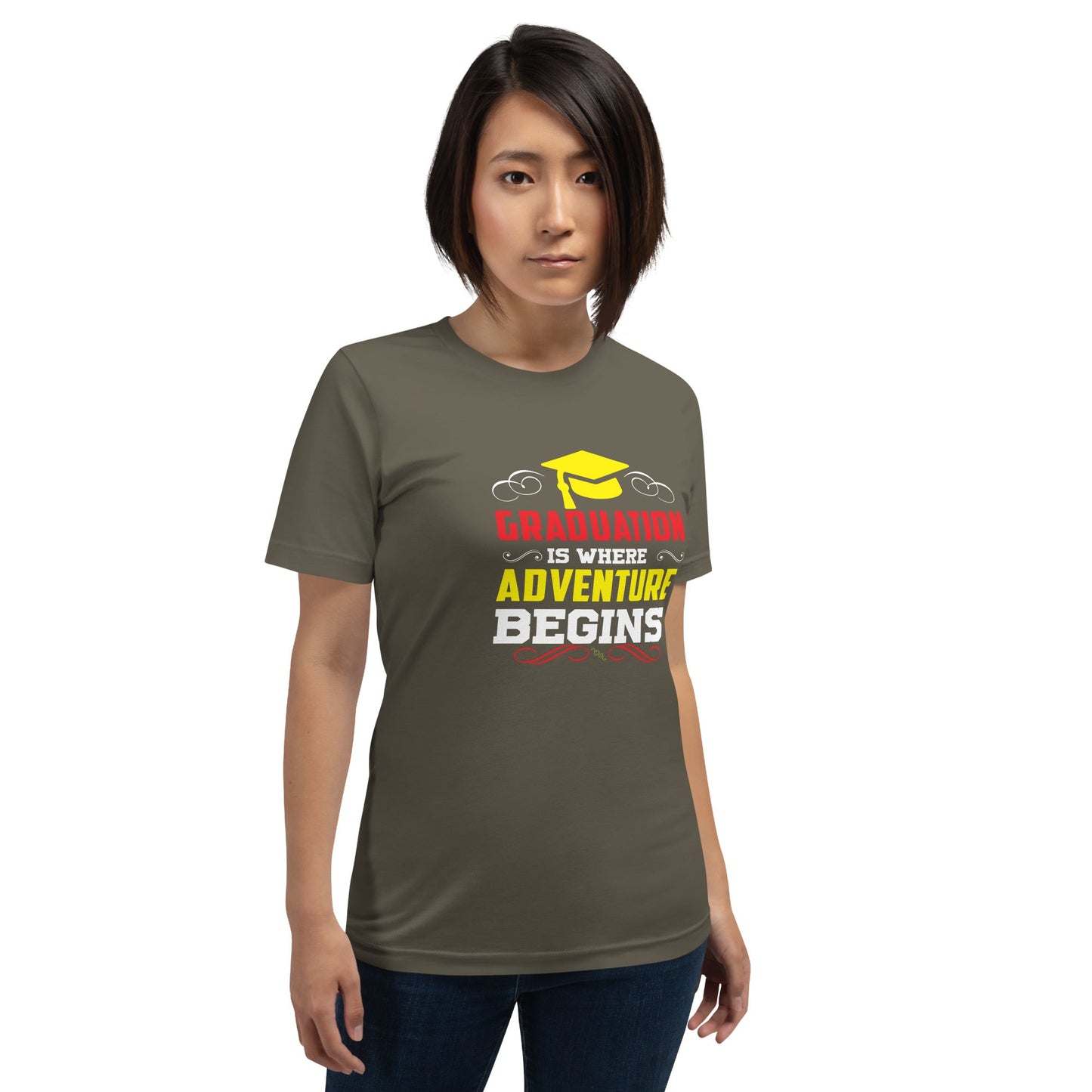 Unisex t-shirt with "Graduation is where adventure begins" design in olive green.
