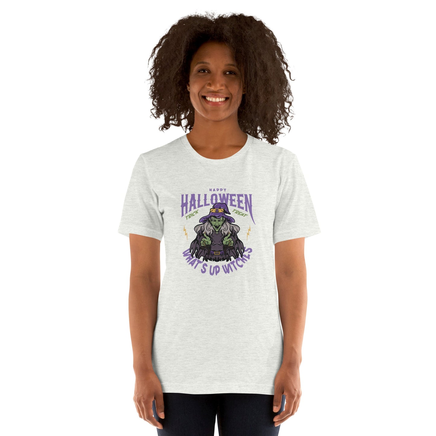 Unisex t-shirt with "What's up witches" Halloween design, soft and lightweight.