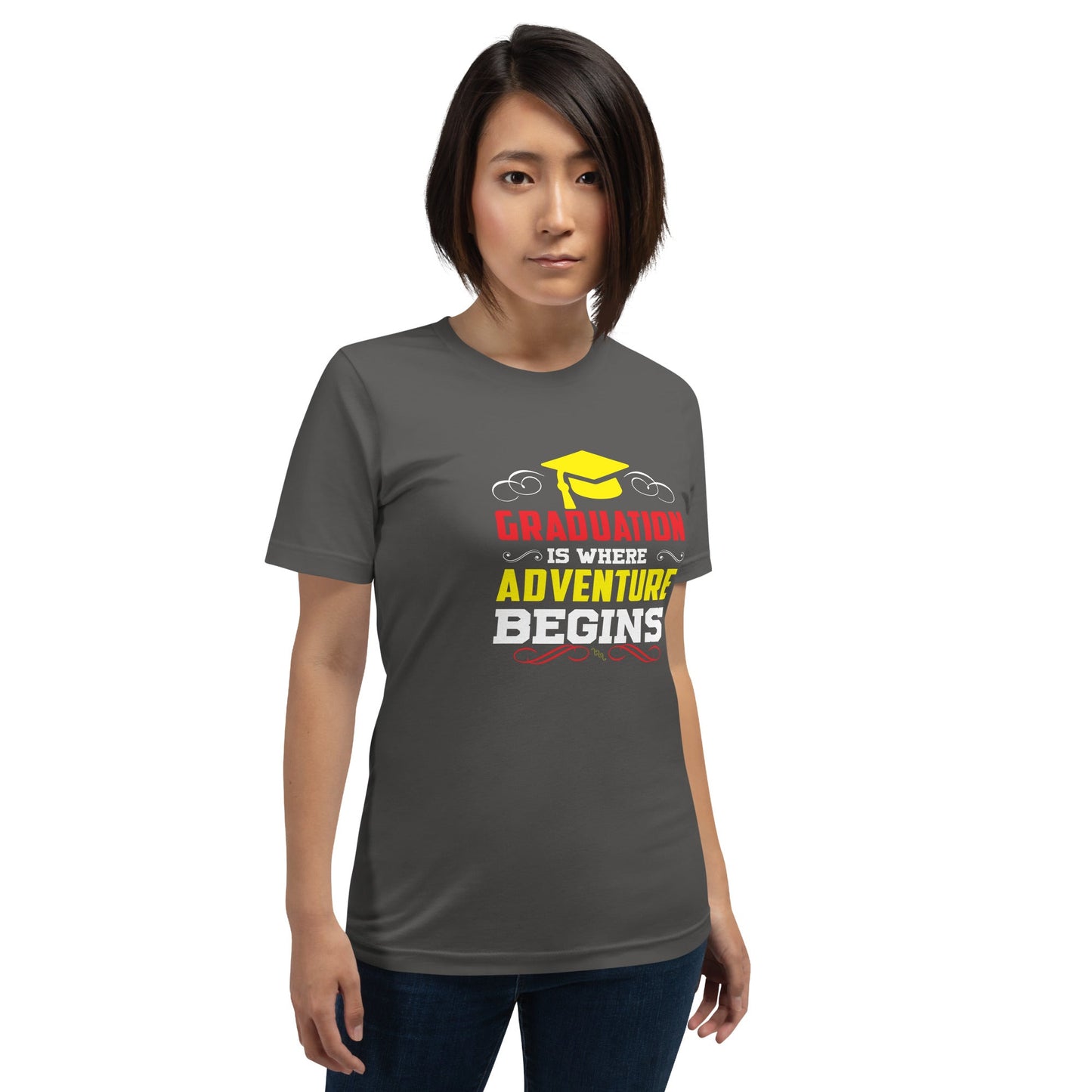 Unisex t-shirt with "Graduation is where adventure begins" design.