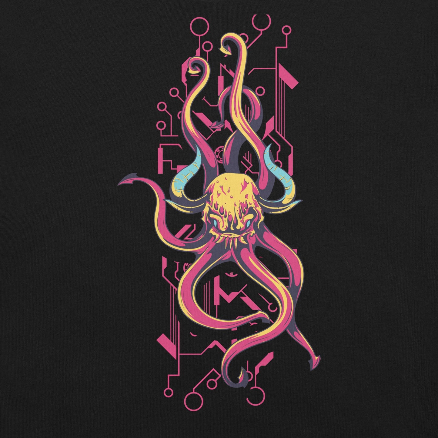 Unisex t-shirt featuring a colorful demon skull with horns and tentacles design on a dark background.