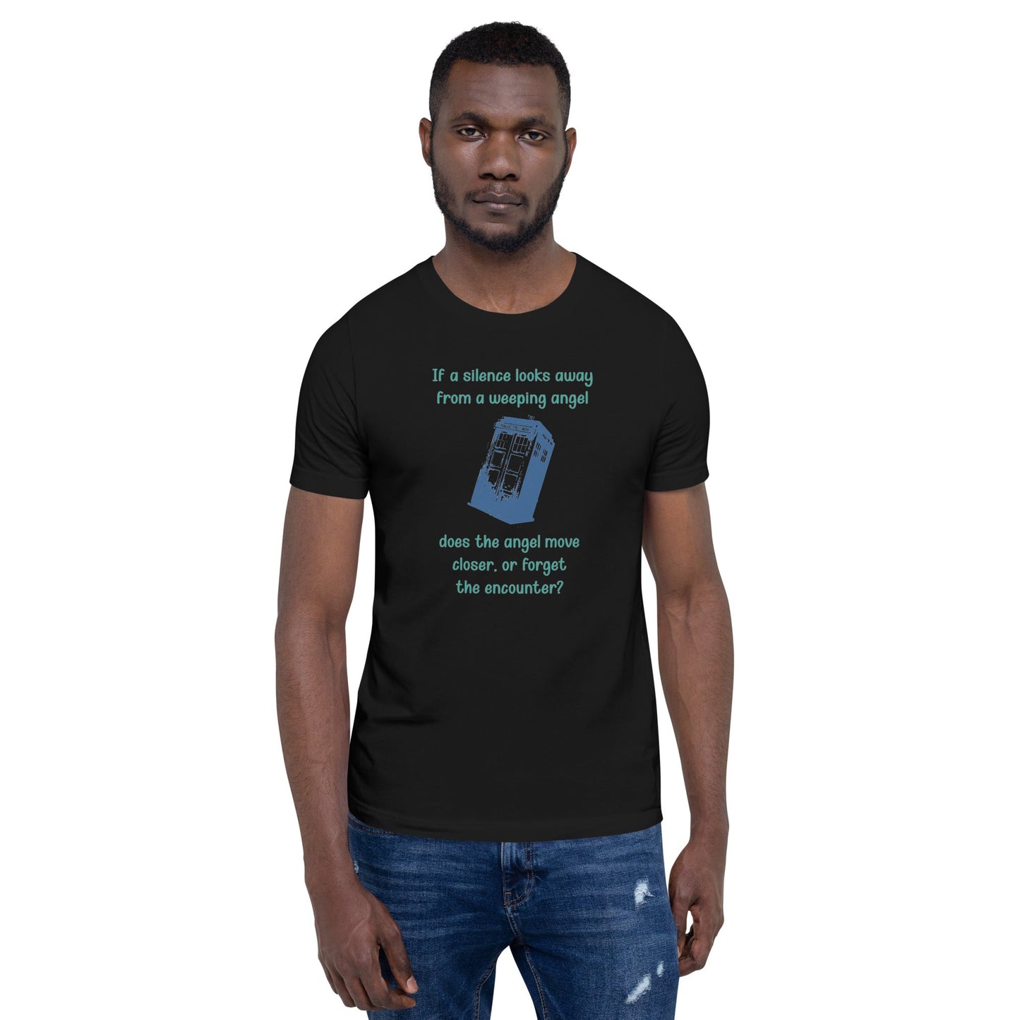 Dr Who Silence vs Weeping Angel unisex t-shirt featuring a thought-provoking design with text and iconic characters.