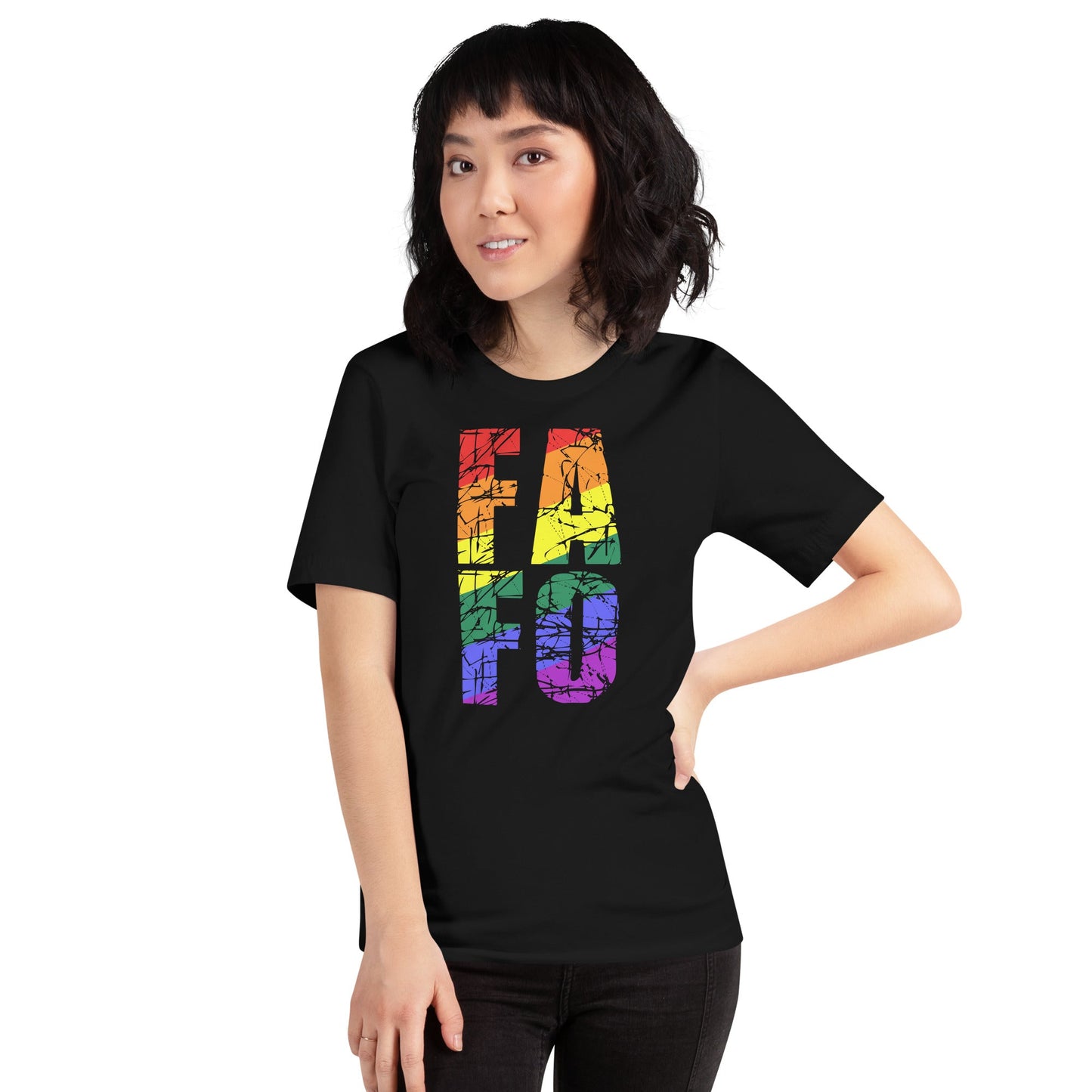 Unisex t-shirt with rainbow FAFO text design, soft and lightweight cotton blend.