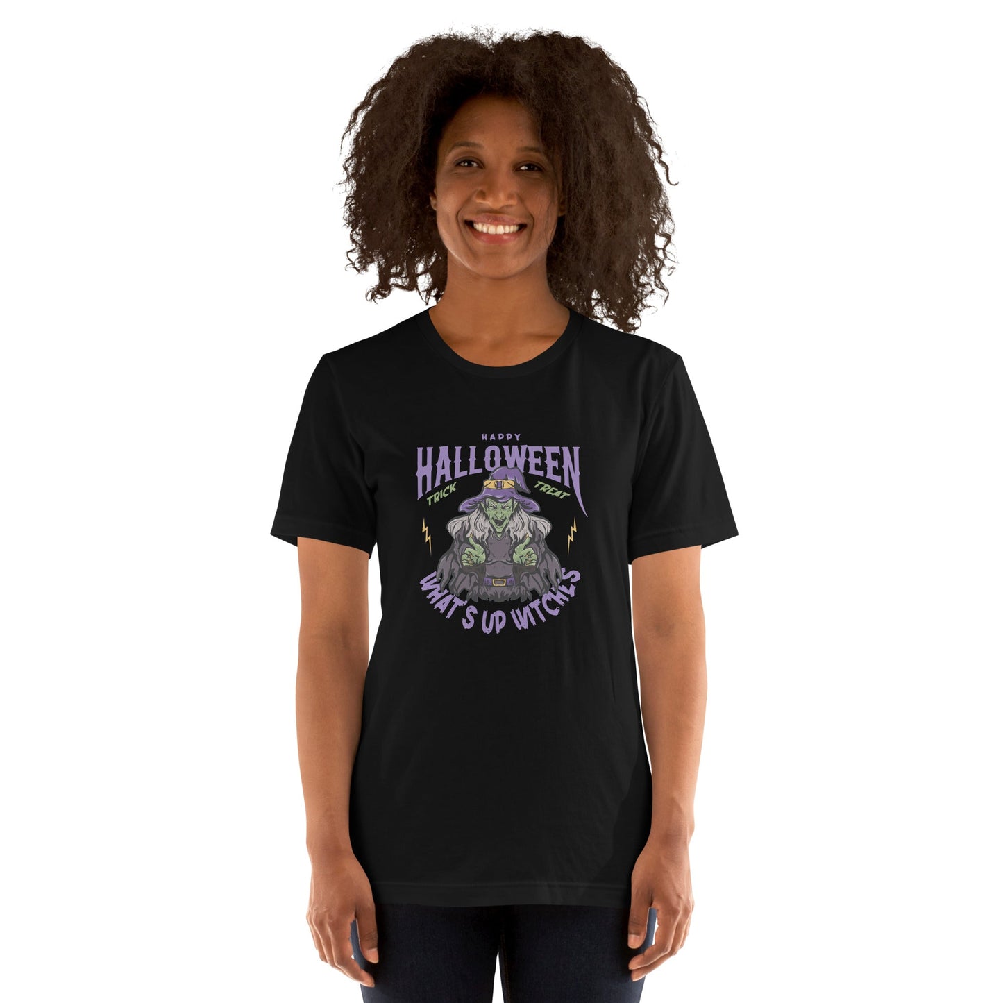 Unisex black t-shirt with "What's up witches" Halloween graphic design.