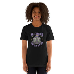 Unisex black t-shirt with "What's up witches" Halloween graphic design.