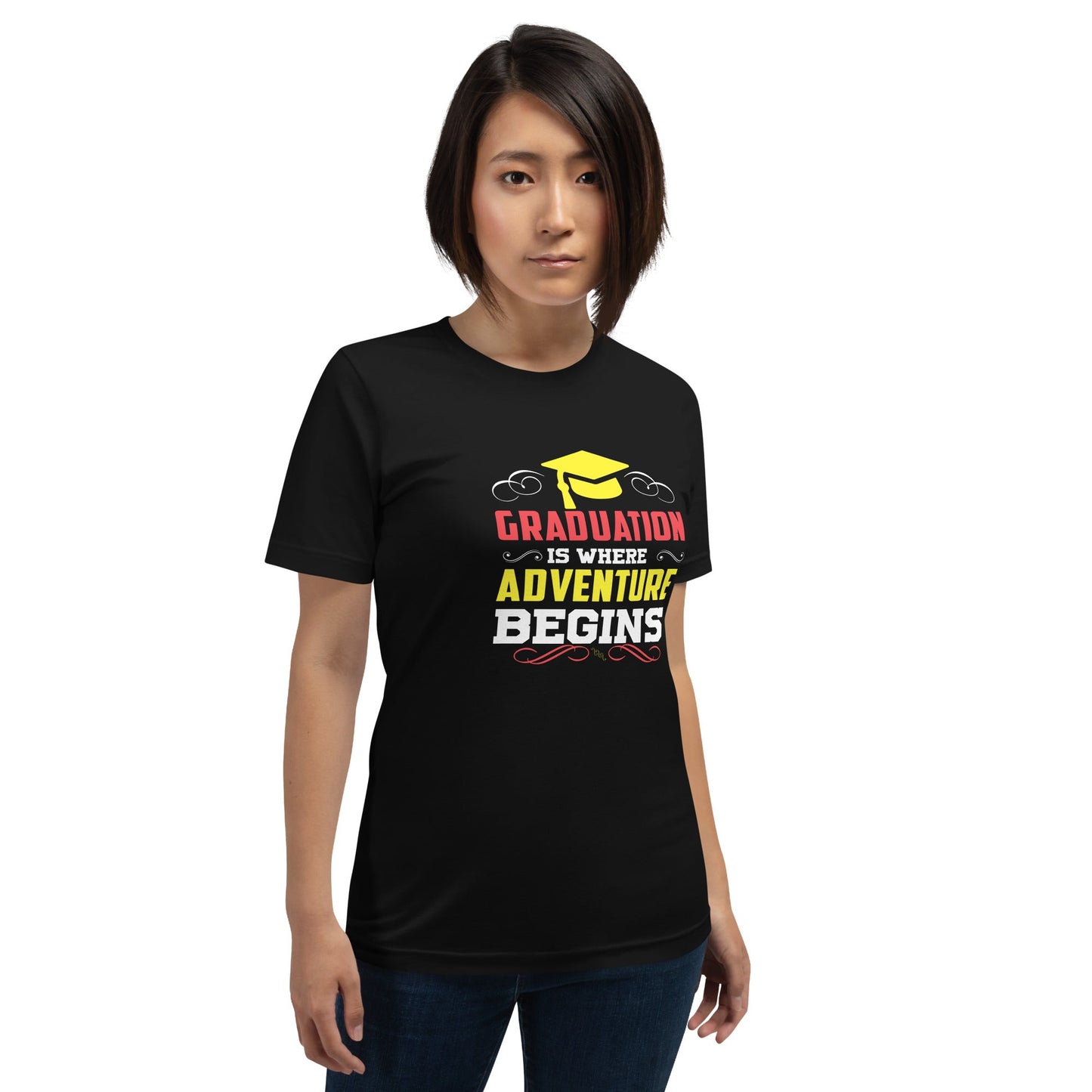 Unisex t-shirt with "Graduation is where adventure begins" graphic, black, soft lightweight fabric.